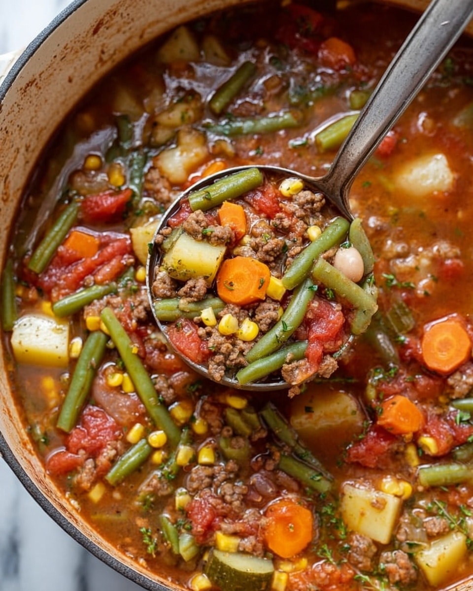 A grey speckled deep white bowl filled with a colorful beef and vegetable soup showing about five layers: the top layer with chopped fresh green herbs sprinkled on top, a reddish-brown broth surrounding chunks of ground beef, bright orange carrot slices, yellow corn kernels, green beans, cubed light yellow potatoes, and red tomato pieces, all mixed together; the soup appears rich and textured with visible black pepper bits. A silver spoon rests inside the bowl on the right side. The bowl sits on a wooden board with a black and white striped cloth partially under it and a small white bowl filled with chopped green herbs to the top right. The background surface is a white marbled texture. photo taken with an iphone --ar 4:5 --v 7