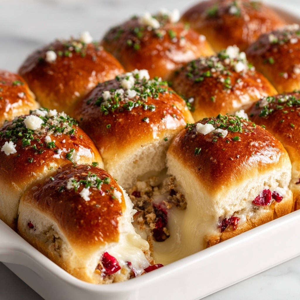 The image shows a white rectangular baking dish filled with nine golden brown slider sandwiches. Each slider has a shiny top bun sprinkled with green herbs, likely parsley. Inside, the sliders have a melted creamy white cheese layer with visible pieces of red bits, possibly cranberries or diced tomatoes, and some light meat chunks. The texture of the buns is soft and slightly glossy, and one slider is slightly pulled up, showing the gooey cheese stretching. The dish sits on a white marbled texture surface. photo taken with an iphone --ar 4:5 --v 7