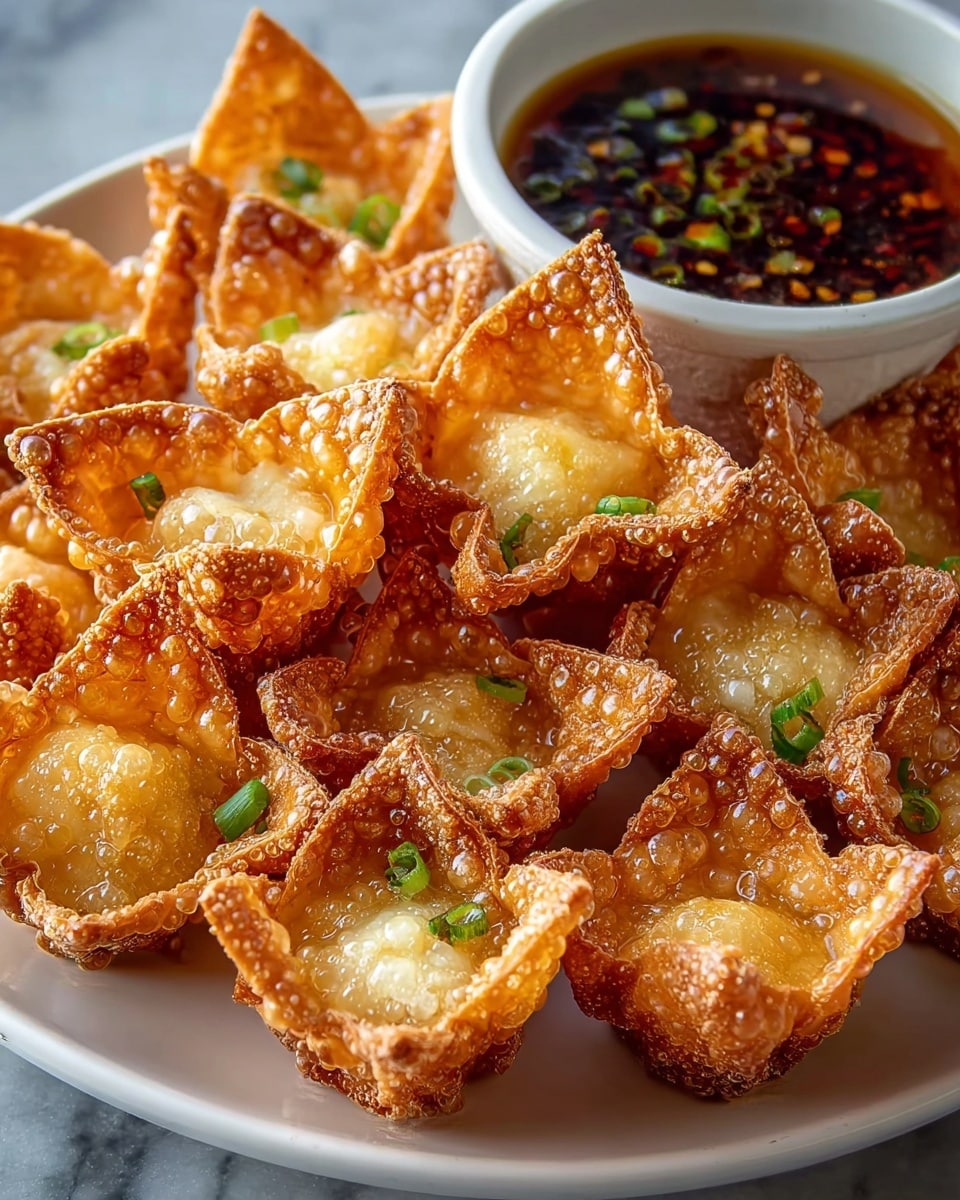 A close-up view of several fried wontons arranged closely on a wooden board, each wonton has three main layers: the crispy golden-brown outer shell with small bubbles and folded edges, the creamy white and slightly melted cheese filling with small green spinach pieces mixed in, and small chopped green onions sprinkled on top adding a fresh look. Behind the wontons is a white bowl filled with a clear amber-colored dipping sauce with red chili flakes floating on the surface. The whole scene sits on a white marbled texture. photo taken with an iphone --ar 4:5 --v 7