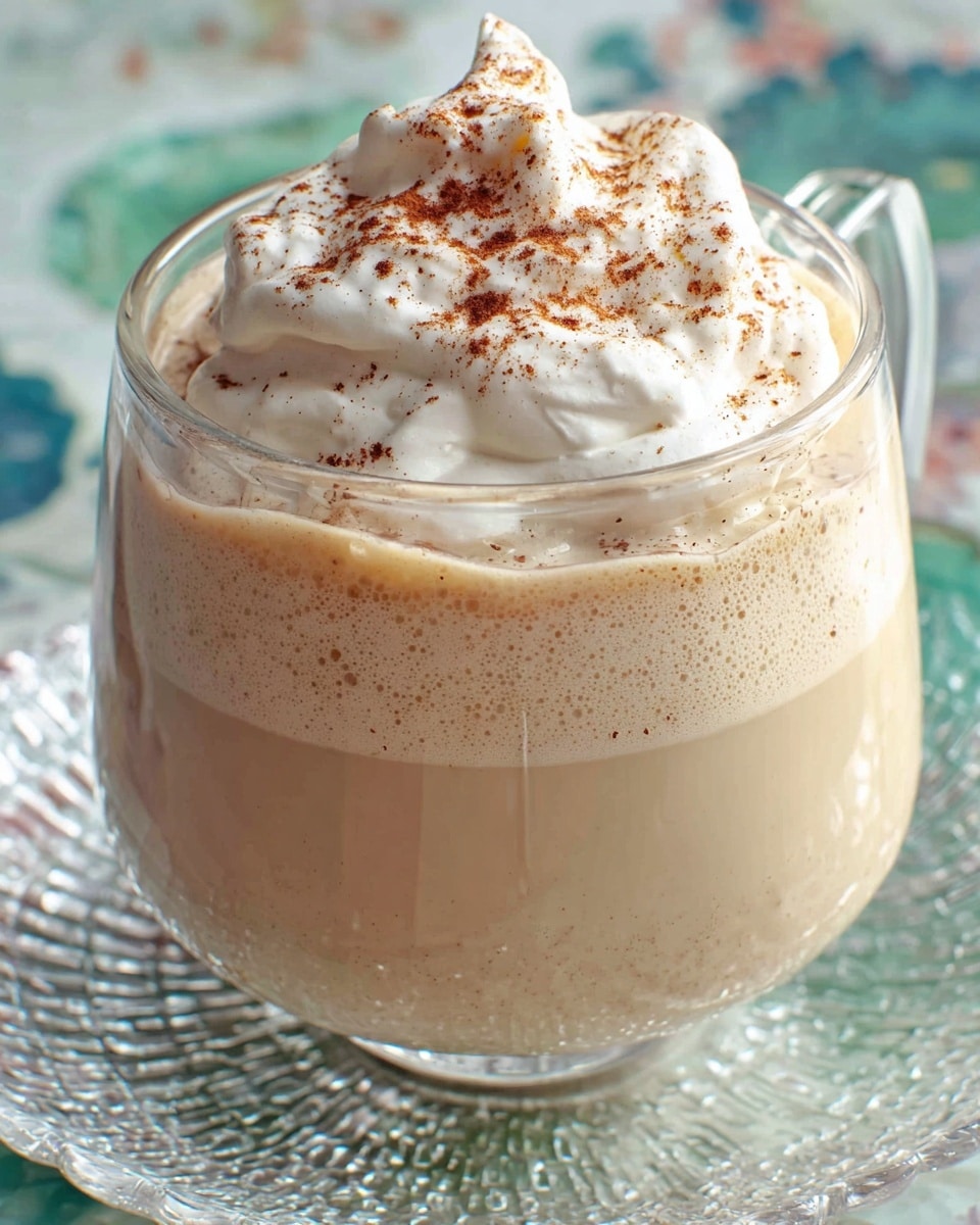A clear glass cup filled with a creamy beige drink that has a smooth but slightly thick texture. On top, there is a generous swirl of soft, white whipped cream sprinkled with a light dusting of brown cinnamon powder. The glass sits on a transparent, textured glass plate, placed on a white marbled surface with green and blue patterned designs blurred in the background. photo taken with an iphone --ar 4:5 --v 7