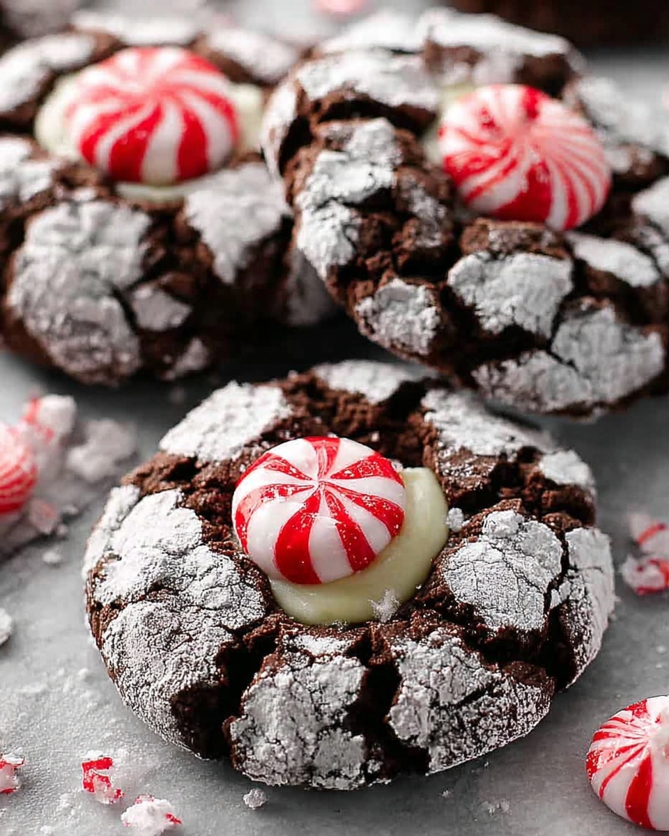 Three cracked chocolate cookies covered in white powdered sugar are placed on a dark wooden surface with crumbs scattered around. Each cookie has a red and white striped candy kiss sitting in the center, adding a festive touch. Additional wrapped candies are blurred in the background, while a white plate with similar cookies sits on a white marbled texture surface partially visible on the right side. The image has a cozy, holiday feel, with a red cloth faintly visible in the background. photo taken with an iphone --ar 4:5 --v 7