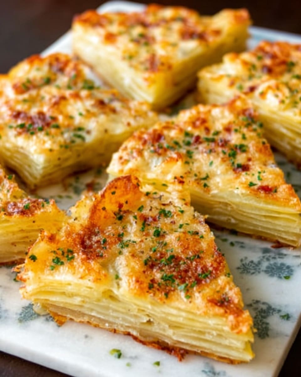 The image shows several triangular slices of a layered potato dish arranged on a dark textured tray, each slice highlighting about 10 thin, even layers of golden-yellow potatoes. The top layer is covered with a browned, slightly crispy cheese crust sprinkled with finely chopped green herbs. The texture of the melted cheese on top looks creamy with small caramelized spots adding a contrast to the soft potato layers underneath. The tray is placed on a surface with a white marbled texture, making the dish stand out. photo taken with an iphone --ar 4:5 --v 7