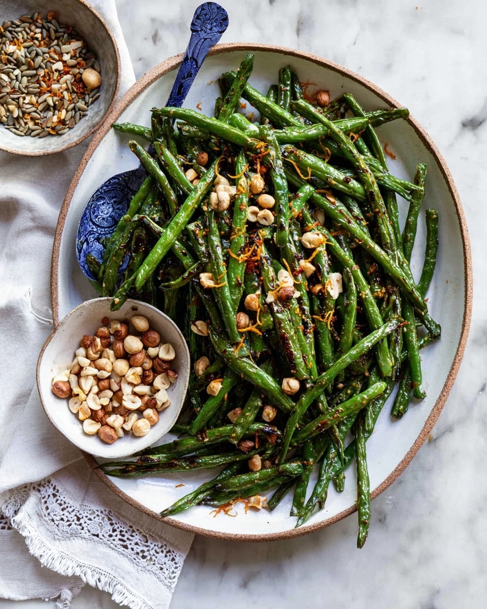A large round white plate holds a vibrant pile of grilled green beans, slightly charred with a glossy texture. Scattered over the green beans are small pieces of chopped hazelnuts and thin orange zest strips, adding contrast with light brown and bright orange colors. On the left side of the plate, there is a smaller white bowl filled with more chopped hazelnuts and seeds, with a patterned blue spoon resting inside. The entire setup is placed on a white marbled surface, with a white cloth featuring a delicate decorative edge near the bottom left corner. photo taken with an iphone --ar 4:5 --v 7