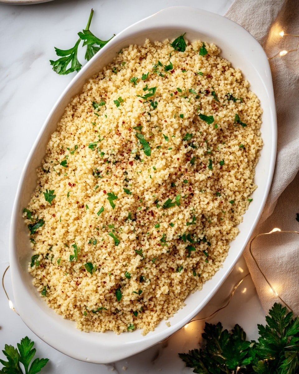 The image shows an oval white ceramic dish filled with a single layer of cooked couscous. The couscous grains are small and light yellow, creating a fluffy texture throughout the dish. Scattered evenly on top are small green parsley leaves and thin chive pieces, adding a fresh contrast in color. There is a light dusting of reddish-brown spices sprinkled gently over the couscous, giving it a subtle touch of warmth. The dish is set on a white marbled surface with soft warm fairy lights and a linen cloth in the background, creating a cozy and inviting atmosphere. photo taken with an iphone --ar 4:5 --v 7