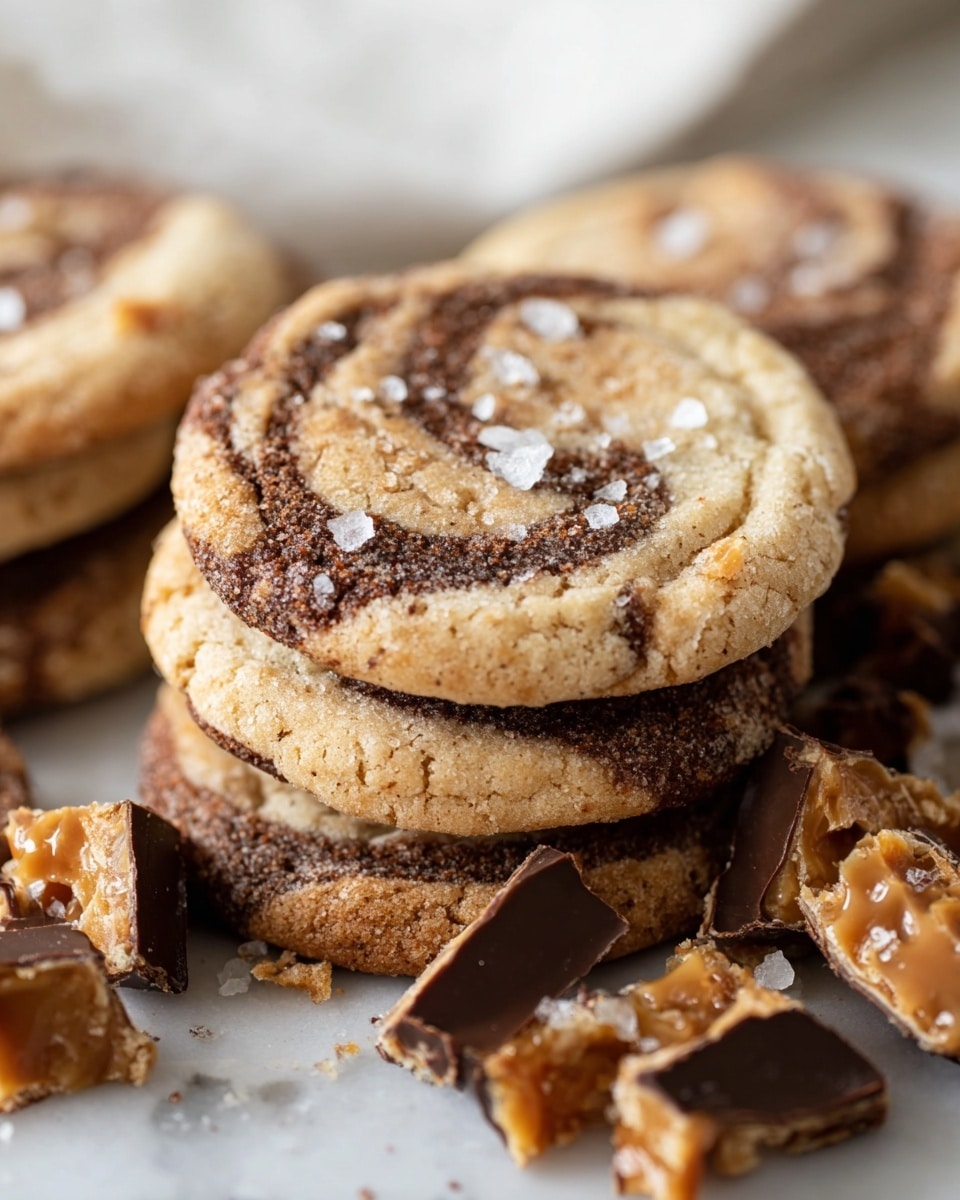 A stack of soft round cookies with a swirled mix of light brown and darker chocolate shades, each topped with a small sprinkle of coarse white salt flakes, is placed on white parchment paper over a white marbled surface. Around the cookies are broken pieces of chocolate-covered toffee bark in dark brown and caramel brown colors, along with some small square white crackers. The cookies show a slightly cracked, chewy texture with visible swirls in each one. photo taken with an iphone --ar 4:5 --v 7