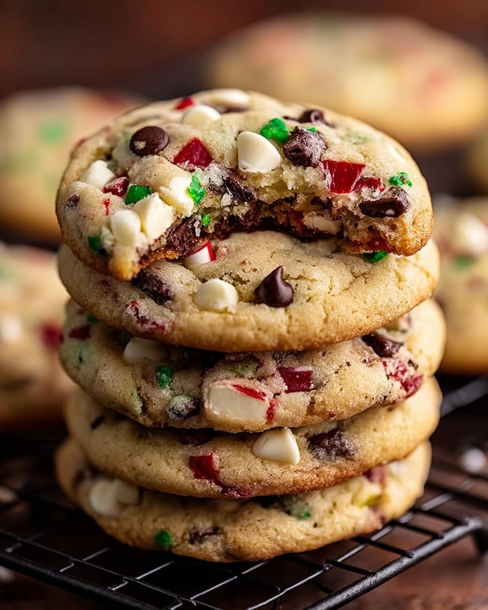A stack of five thick, soft cookies sits on a black wire rack over a white marbled surface. Each cookie is light golden brown with a slightly cracked texture and is loaded with visible white chocolate chips, dark chocolate chips, small green sugar pearls, and small red candy pieces spread evenly on top and inside. The top cookie has a bite taken out from the front, showing a chewy, moist interior filled with chunks of white and dark chocolate. The colors of the toppings contrast with the pale cookie dough for a festive look. Photo taken with an iphone --ar 4:5 --v 7