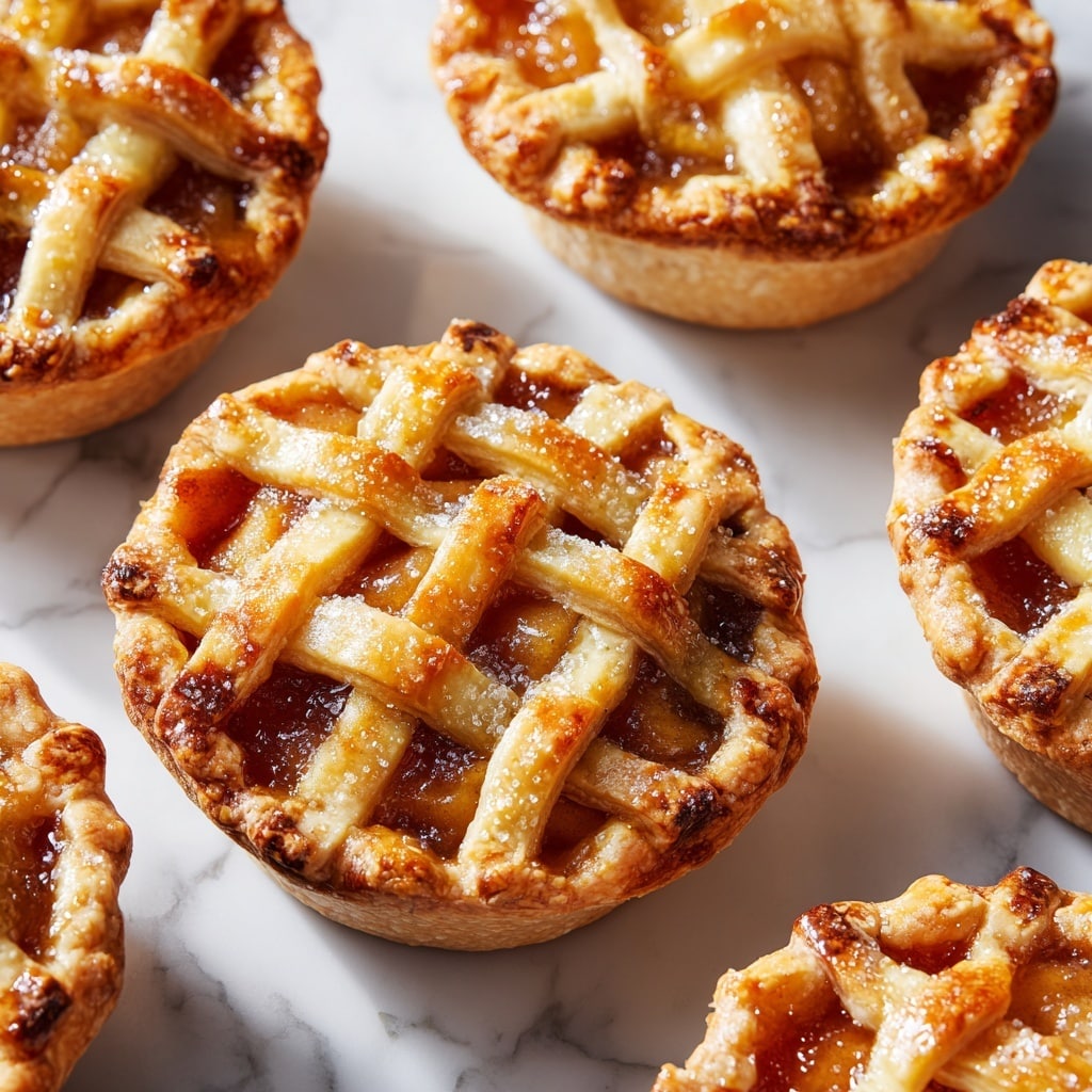 The image shows several small pies with a lattice crust on top, each pie having a golden-brown color with a shiny finish. The crust strips are thick and woven in a crisscross pattern, showing a baked filling beneath that looks like a warm, soft fruit mixture in light brown-orange shade. Some coarse sugar crystals are sprinkled on the lattice tops, adding texture and a bit of sparkle. The pies are closely placed on a white marbled surface, highlighting their warm tones. Photo taken with an iphone --ar 4:5 --v 7