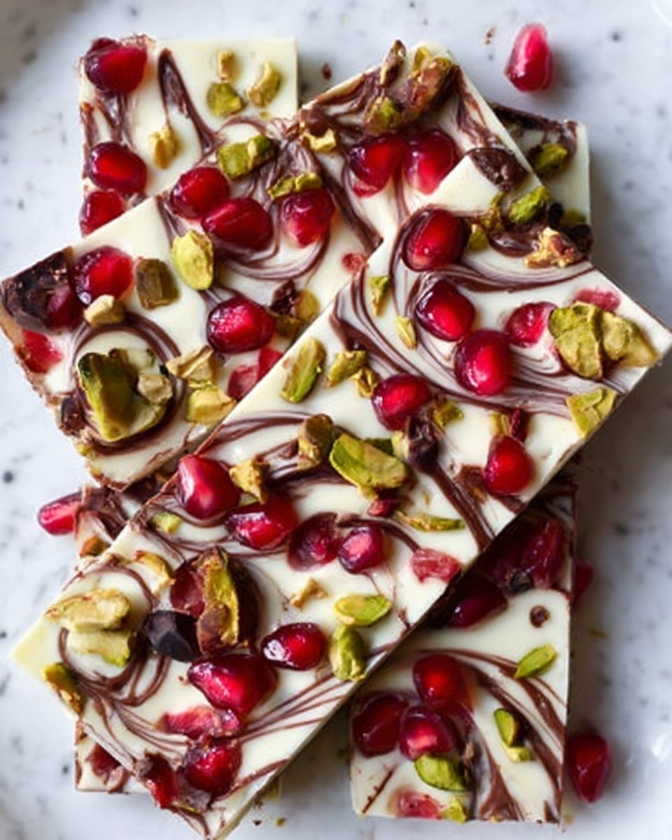 The image shows a white plate with three rectangular slices of white chocolate bark. Each slice has a smooth, creamy white base layer swirled with thin, dark brown lines of chocolate on top. Scattered on the surface are bright red pomegranate seeds and small green pistachio pieces, adding vibrant color and texture. The background is a white marbled surface. Photo taken with an iphone --ar 4:5 --v 7