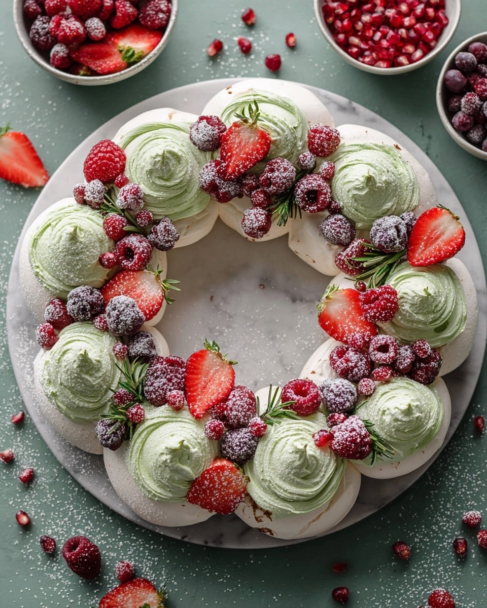 The image shows a large circular dessert arranged in a wreath shape on a white plate, placed on a white marbled surface. The base layer consists of light beige round cookies or meringues forming a ring. On top, there is a thick layer of pale green cream, piped in small rosettes and dollops all over the ring. The cream is decorated with whole and halved fresh strawberries, whole raspberries, and a light dusting of powdered sugar giving a soft texture on top. The berries add splashes of red color contrasting with the green cream and beige base. photo taken with an iphone --ar 4:5 --v 7