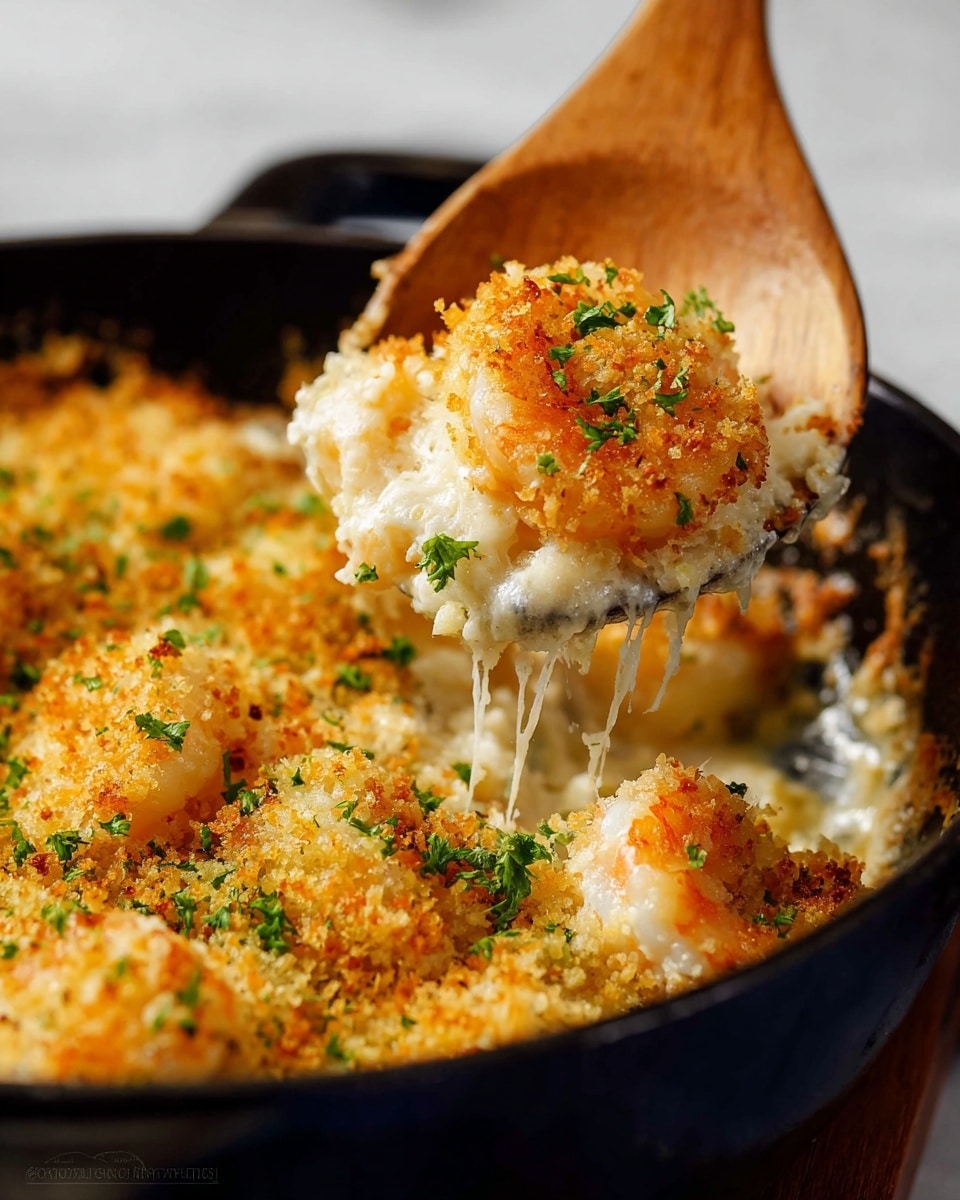 A close-up shows a wooden spoon lifting a golden-brown baked dish from a black pan. The dish appears to have a creamy white base layer with chunks of shrimp or chicken. The top layer is thick, crispy, and golden with breadcrumbs, sprinkled with small pieces of green parsley. The texture of the topping looks crunchy, with cheese strands stretching from the spoon to the dish underneath. The background has a clean white marbled texture. photo taken with an iphone --ar 4:5 --v 7