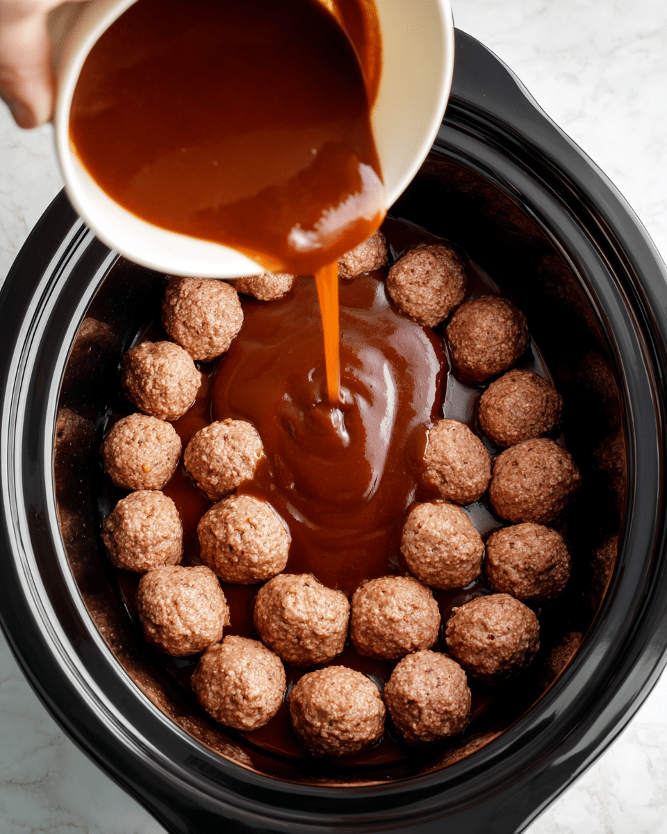 In a black slow cooker, there is a single layer of evenly spaced, uncooked meatballs that are light brown with a rough texture. From above, a white bowl held by a woman's hand pours a thick, smooth, dark reddish-brown sauce directly onto the center of the meatballs, creating a shiny pool of sauce spreading outwards. The surface beneath is a white marbled texture. photo taken with an iphone --ar 4:5 --v 7