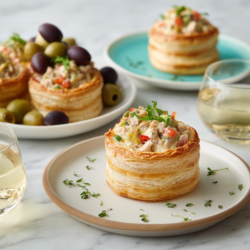 The image shows a round, golden puff pastry vol-au-vent with six distinct flaky layers stacked to form a hollow container. It is filled with a creamy mix of diced chicken, pale yellow peppers, small bits of red and green vegetables, and garnished on top with small green herb pieces. The vol-au-vent is placed on a plain white plate with a few scattered herbs around it. In the background, a second white plate holds another vol-au-vent, and a white plate with a teal blue edge has multiple vol-au-vents clustered together. To the left, a white bowl holds green and purple olives. A transparent glass filled with pale golden liquid is on the right. The scene is set on a white marbled surface. photo taken with an iphone --ar 4:5 --v 7