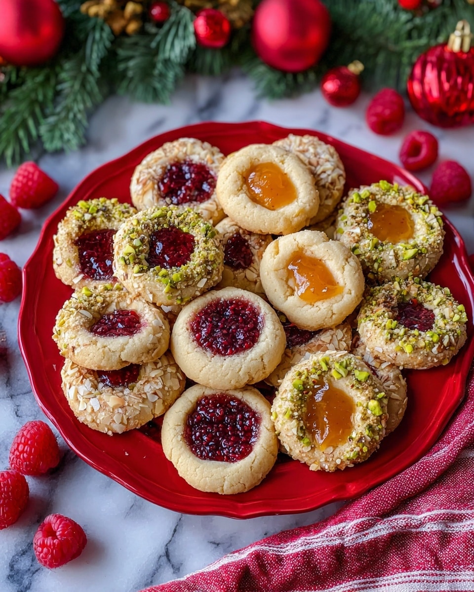 A red plate filled with many round thumbprint cookies, each about two layers: a pale beige soft cookie base sprinkled with crushed nuts in a ring around the edges, and a glossy dollop of jelly in the center, either deep red raspberry or bright orange apricot. The cookies are closely packed on the plate, which sits on a white marbled surface. Around the plate are scattered fresh red raspberries and some green pine sprigs with frost and red berries, along with two shiny red Christmas ornaments. A red and white striped cloth is partly visible at the bottom right. Photo taken with an iphone --ar 4:5 --v 7