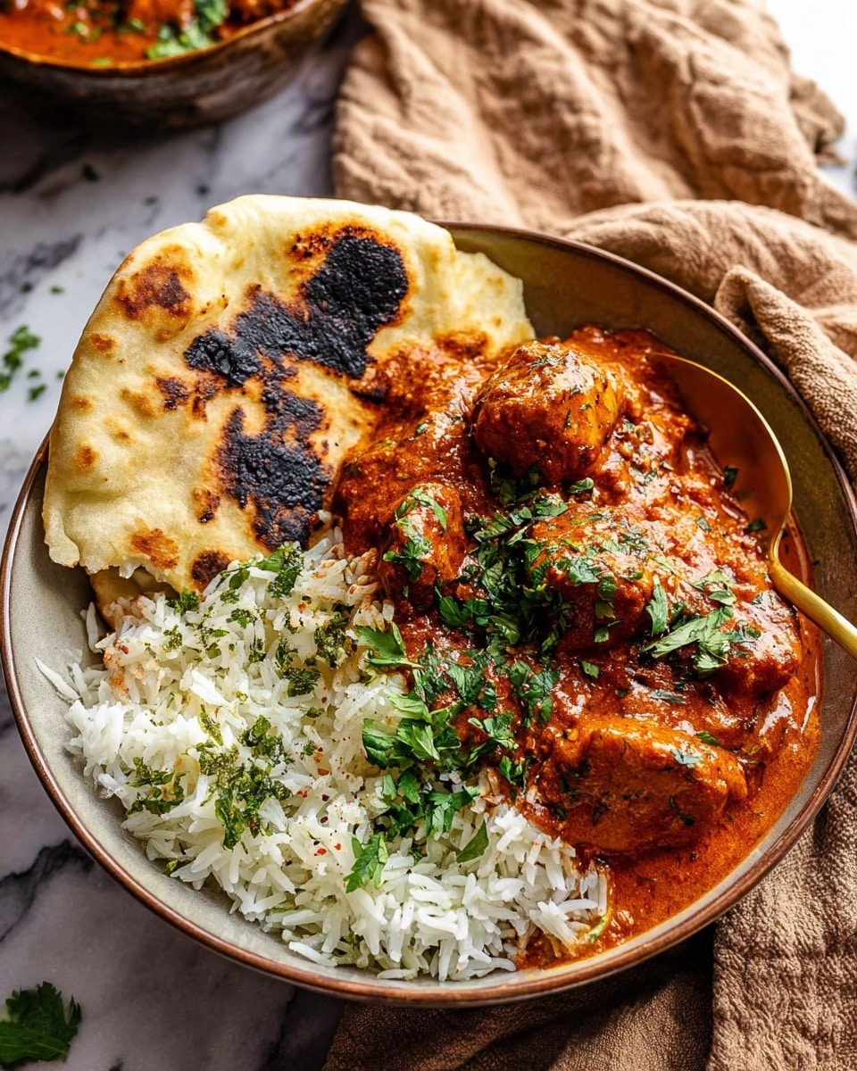 A close-up image of a black pot filled with a rich, creamy stew simmering on a stove. The stew has three visible layers: a deep golden brown base with soft, tender chunks of meat in the bottom half, a lighter orange layer blending in the middle, and a white creamy swirl of coconut milk gently mixing on the surface. Steam rises slowly from the hot stew, giving a fresh, warm feeling. In the blurred background, green herbs and a white container are faintly visible, all set on a white marbled texture. photo taken with an iphone --ar 4:5 --v 7