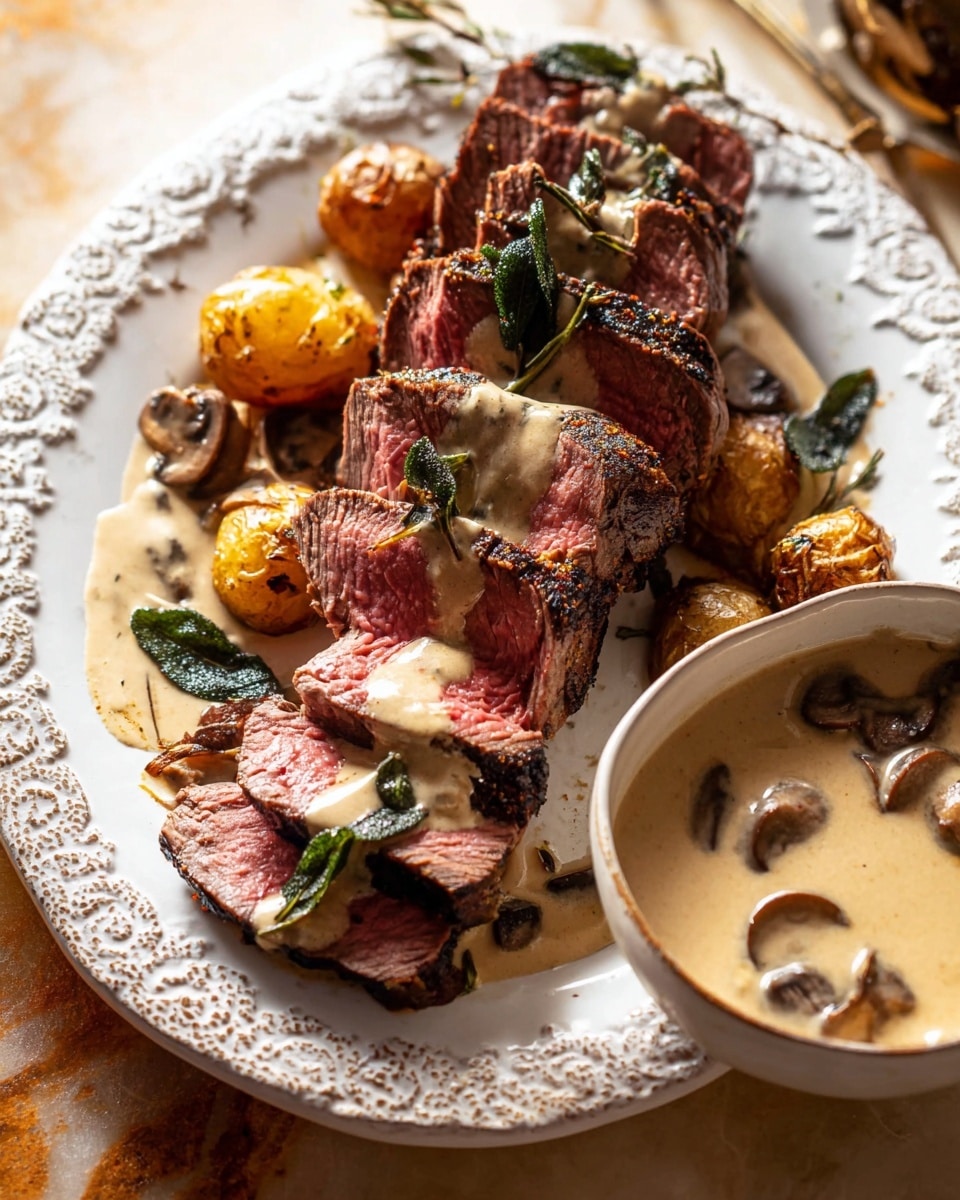 A white ornate plate holds a stack of sliced medium-rare steak arranged in two layers, each slice showing a pink center with a charred outer edge. The top layer is garnished with deep green fried sage leaves scattered across the meat, and a creamy beige mushroom sauce is drizzled over part of the steak, adding a smooth texture. On the sides of the plate, there are a few golden roasted potatoes with a slightly crispy exterior. A white bowl on the right side of the image contains more creamy mushroom sauce with visible sliced brown mushrooms floating on top. The dish sits on a white marbled surface with warm, soft lighting highlighting the textures and colors. photo taken with an iphone --ar 4:5 --v 7
