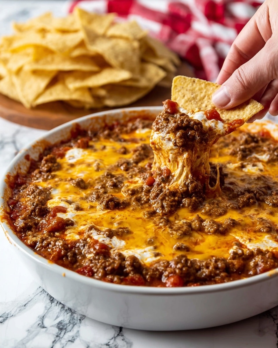 A close-up view of a white shallow round dish filled with three layers: the bottom layer is red salsa peeking around the edges, the middle layer is creamy white melted cheese, and the top layer is a thick covering of browned ground beef mixed with melted golden cheddar cheese, creating a textured, gooey surface. A woman's hand is holding a triangular tortilla chip dipped and covered with the same meaty cheesy mixture. The dish is placed on a wooden board with a stack of tortilla chips in the background on a white marbled surface. Photo taken with an iphone --ar 4:5 --v 7