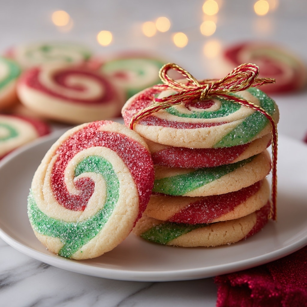 A white plate filled with round cookies arranged in a slightly overlapping circle. Each cookie has three colorful spiral layers starting from the center: a red outer ring, a green middle ring, and a white inner ring, each with a sugary texture that gives a light sparkle. The cookies sit on a white cloth with thin red stripes, all set on a white marbled surface with soft warm light reflections creating a cozy feel. photo taken with an iphone --ar 4:5 --v 7