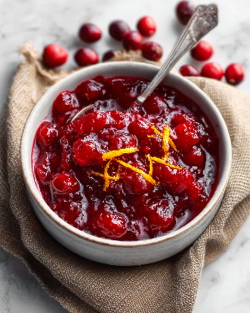 The image shows a bowl filled with thick, glossy red cranberry sauce that has a chunky texture. The sauce appears deep red with visible whole cranberries creating bumps on the surface. On top, there is a layer of bright orange peel spiral and a brown cinnamon stick placed diagonally, adding contrast to the vibrant red sauce. The white bowl sits on a white marbled surface with a few loose cranberries scattered around it. Photo taken with an iphone --ar 4:5 --v 7