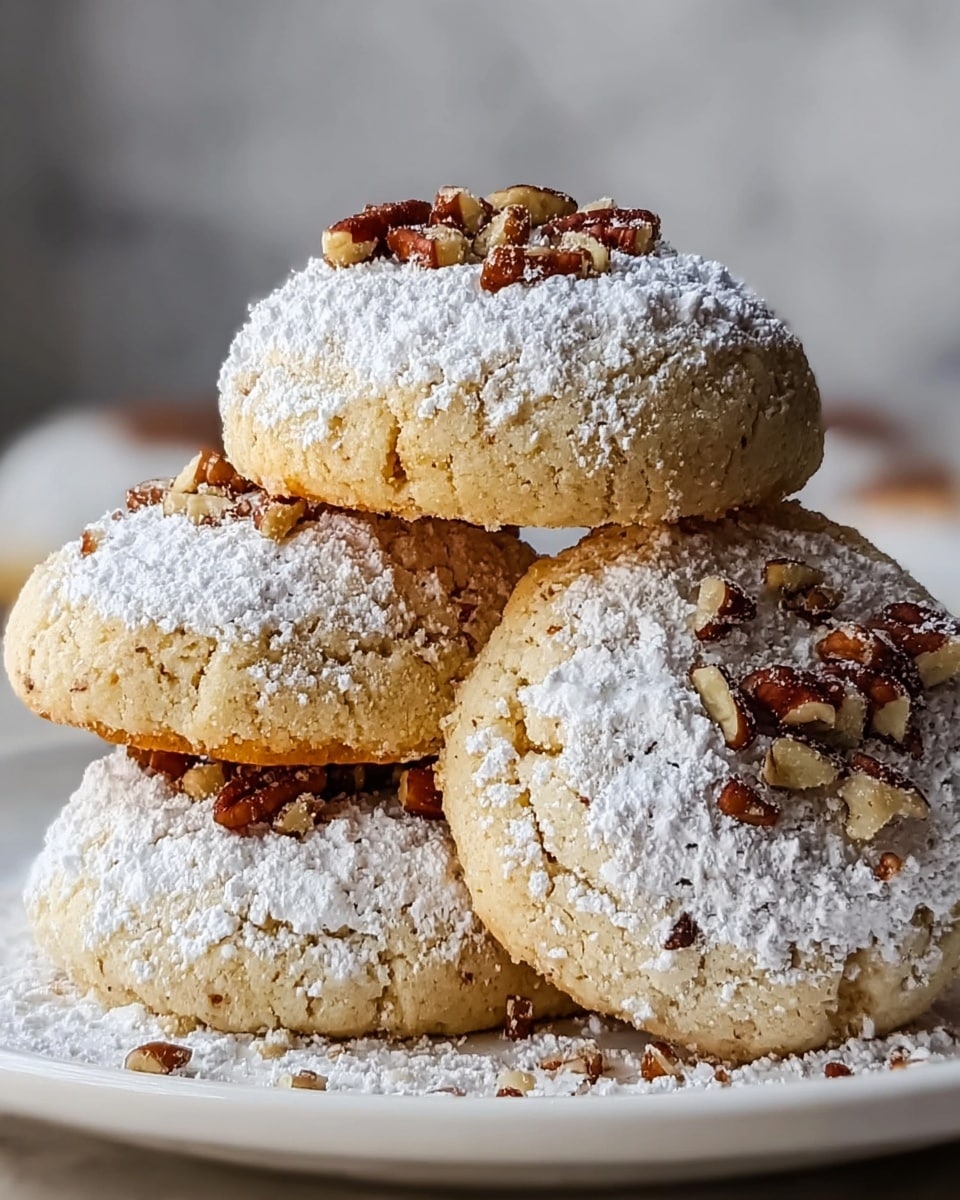 A close-up of four light golden cookies arranged in a small stack on a white plate, each cookie has a soft, slightly crumbly texture with a dusting of white powdered sugar covering the top surface, topped with chopped pecans that add a rich brown and creamy beige contrast, all set on a white marbled surface in soft natural light, showing the details of the cookie edges and nut pieces clearly, photo taken with an iphone --ar 4:5 --v 7