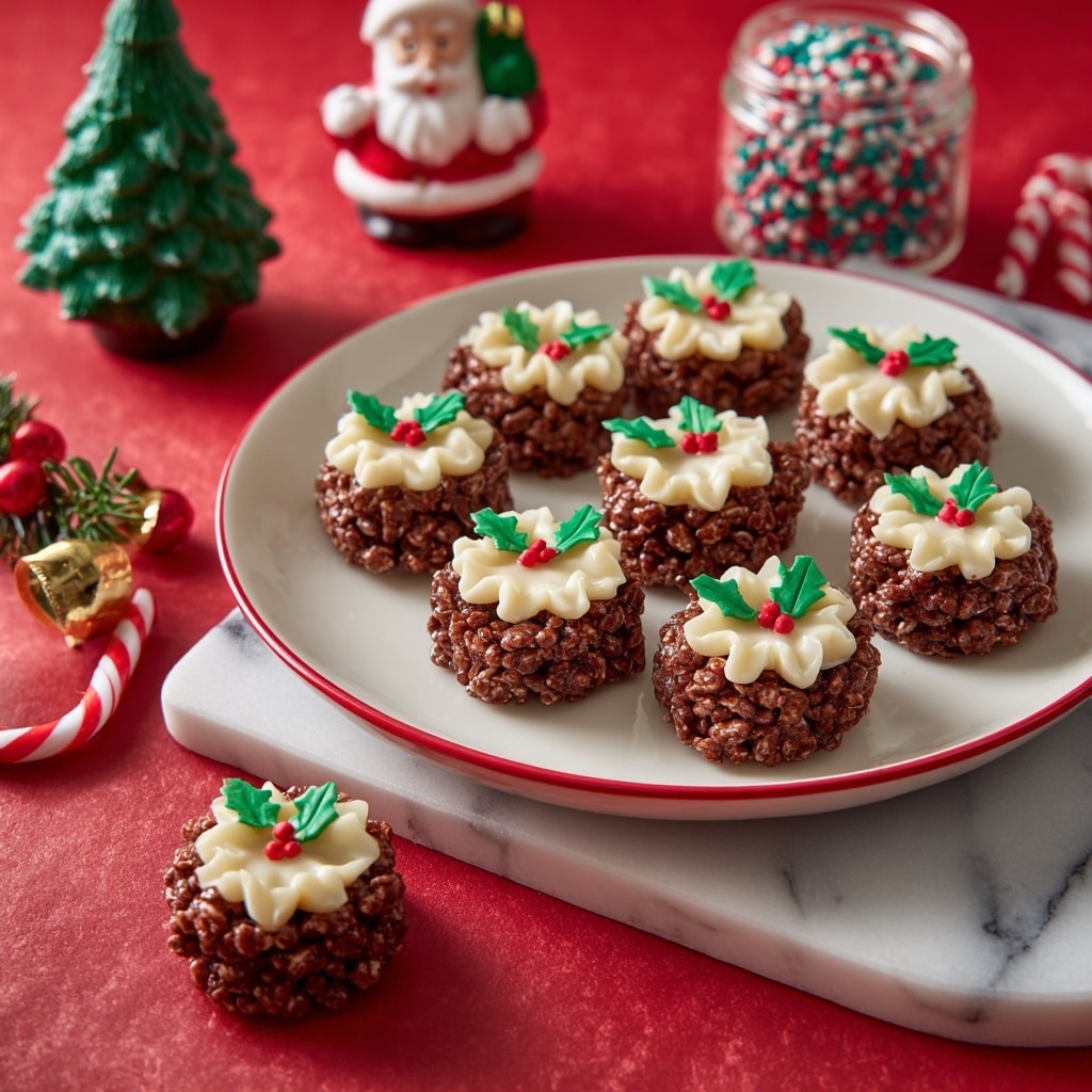 The image shows a white plate with two red rings on the edge, holding nine round chocolate rice crispy treats. Each treat is topped with a layer of smooth white icing shaped like a flower, decorated with three small green holly leaf shapes and three red round berries, creating a festive look. One treat is placed outside the plate on a white marbled surface. Nearby, there is a red and white striped candy cane with glitter, a small Santa Claus figurine, a tiny green Christmas tree with white snow-like dots, and a clear jar filled with red, white, and green small round sprinkles. The background is red with a subtle pattern. Photo taken with an iphone --ar 4:5 --v 7