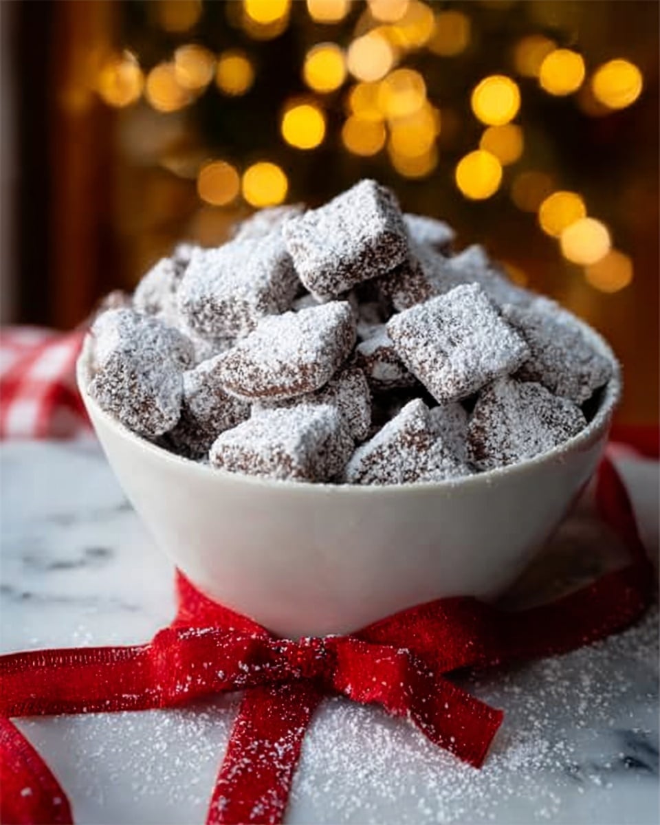 A white bowl filled with many small, pillow-shaped treats covered in powdered sugar that gives a soft, white coating, with faint red specks visible underneath. The bowl is sitting on a colorful, festive cloth that has a red ribbon tied around it, creating a cozy holiday feeling. The background is a white marbled texture with warm, soft lights blurred out in the distance, adding a gentle glow. Photo taken with an iphone --ar 4:5 --v 7