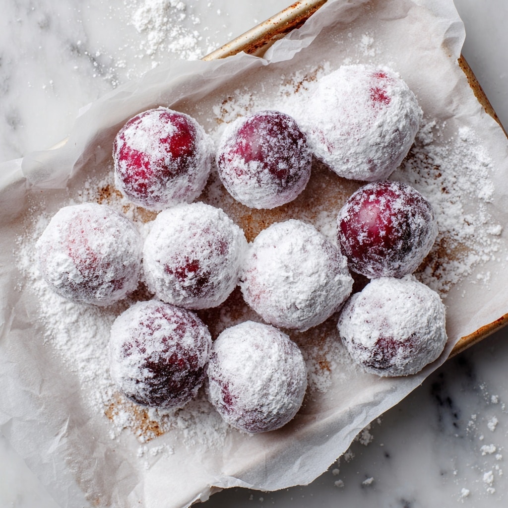 The image shows many round red cherries covered fully with thick white powdered sugar, arranged unevenly on a white paper-lined white baking tray. The cherries vary slightly in size and are dense with a soft, powdery texture from the sugar, some showing cracks or red spots where the cherry underneath is visible. The powdered sugar coating is uneven, with some clumps and scattered sugar dust around the cherries on the white paper. The tray has a slightly worn, dark edge that contrasts with the bright white sugar and paper. photo taken with an iphone --ar 4:5 --v 7