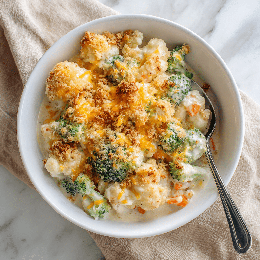 A close-up of a white bowl filled with a vegetable casserole showing three main layers: the bottom layer has large white cauliflower pieces with a creamy sauce, the middle layer has bright green broccoli florets and small orange carrot cubes mixed in creamy sauce, and the top layer is a golden-brown crunchy breadcrumb topping that looks toasted and crispy, scattered lightly with green herbs. A fork is placed on the right side of the bowl, and the bowl is set on a soft beige cloth over a white marbled surface. Photo taken with an iphone --ar 4:5 --v 7