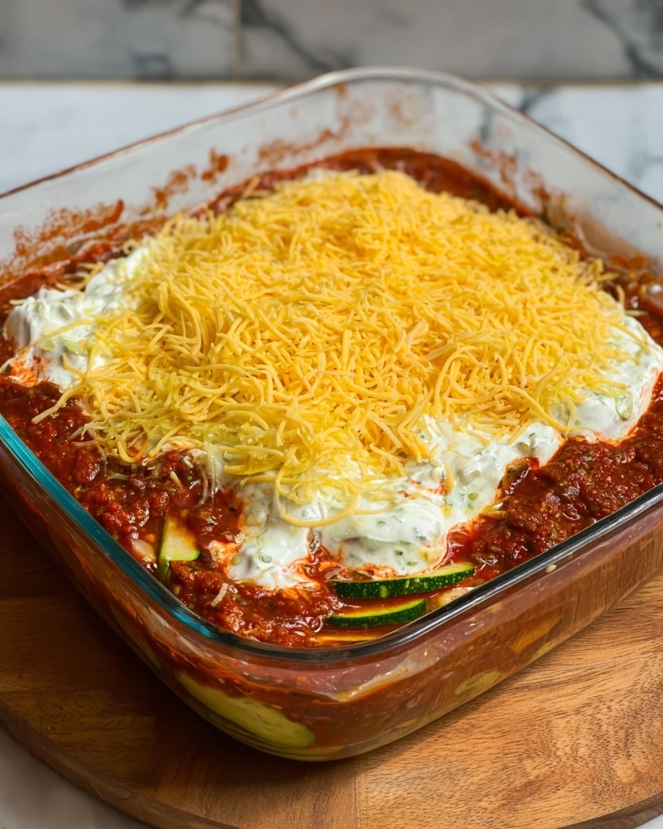 The dish is a layered casserole in a clear glass square baking dish. The bottom layer shows a rich red tomato sauce mixed with some green vegetable slices around the edges, likely zucchini. Above the sauce is a thick white creamy layer spread unevenly, with some red sauce blending into it. The top layer is a generous sprinkling of shredded yellow cheese, covering most of the surface. The dish is placed on a wooden board, with a white marbled background behind it. photo taken with an iphone --ar 4:5 --v 7