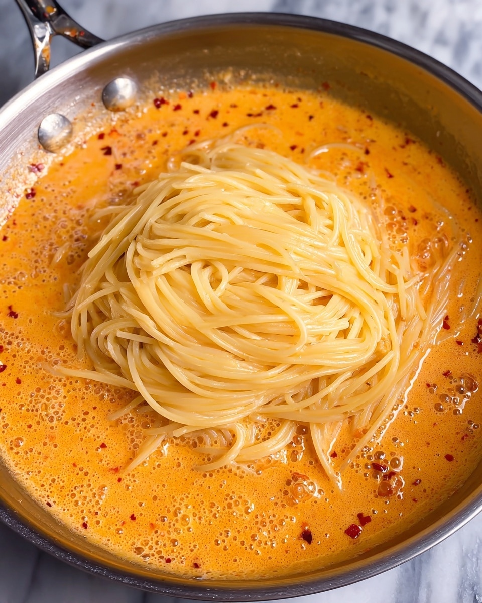 A silver pan filled with a creamy orange sauce that has a slightly grainy texture with small red pepper flakes scattered throughout, forming the bottom layer. On top sits a neat pile of shiny, cooked spaghetti noodles that are light yellow and smooth, resting in the center of the sauce. The sauce surrounds the noodles, bubbling gently around the edges as it cooks. The scene is set on a white marbled surface. Photo taken with an iphone --ar 4:5 --v 7