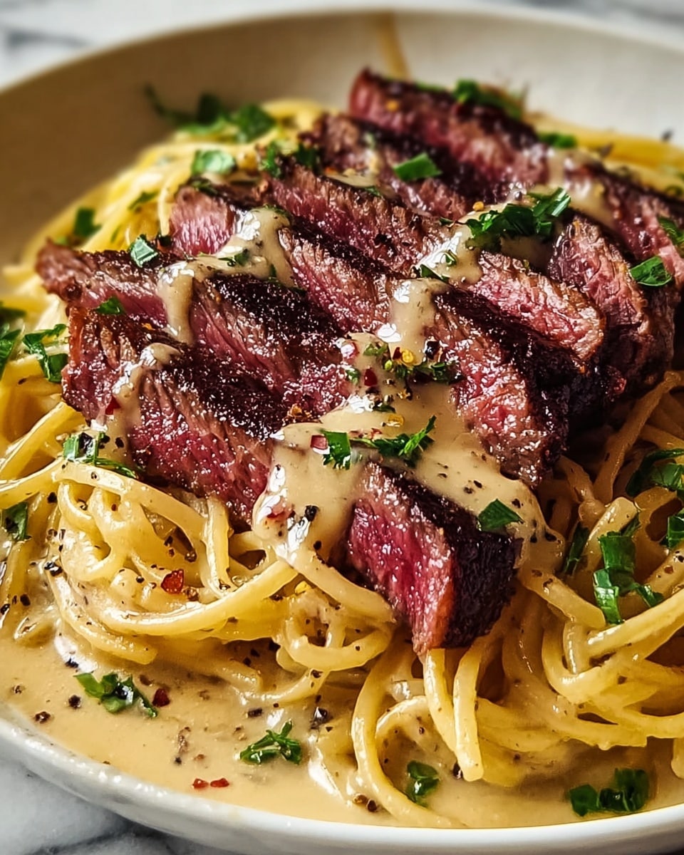 A white plate filled with a base layer of glossy, yellow spaghetti noodles lightly coated in oil and seasoning, arranged loosely in a nest shape. On top are four slices of medium-rare steak, showing a dark charred crust on the edges and a pink-red interior. A creamy light brown sauce is drizzled over the steak slices, with specks of black pepper. Small green parsley leaves are scattered over the steak and noodles for garnish. The scene is set on a white marbled surface. photo taken with an iphone --ar 4:5 --v 7
