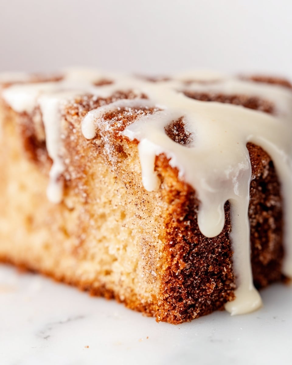 A close-up view of a triangular slice of cinnamon sugar cake with two visible layers: a bottom layer of rich brown cinnamon sugar coating with a rough crumb texture, and a top layer of light tan cake covered by a smooth, thick, white glaze that drips down the sides unevenly, pooling a bit at the base; the background is a white marbled texture. photo taken with an iphone --ar 4:5 --v 7