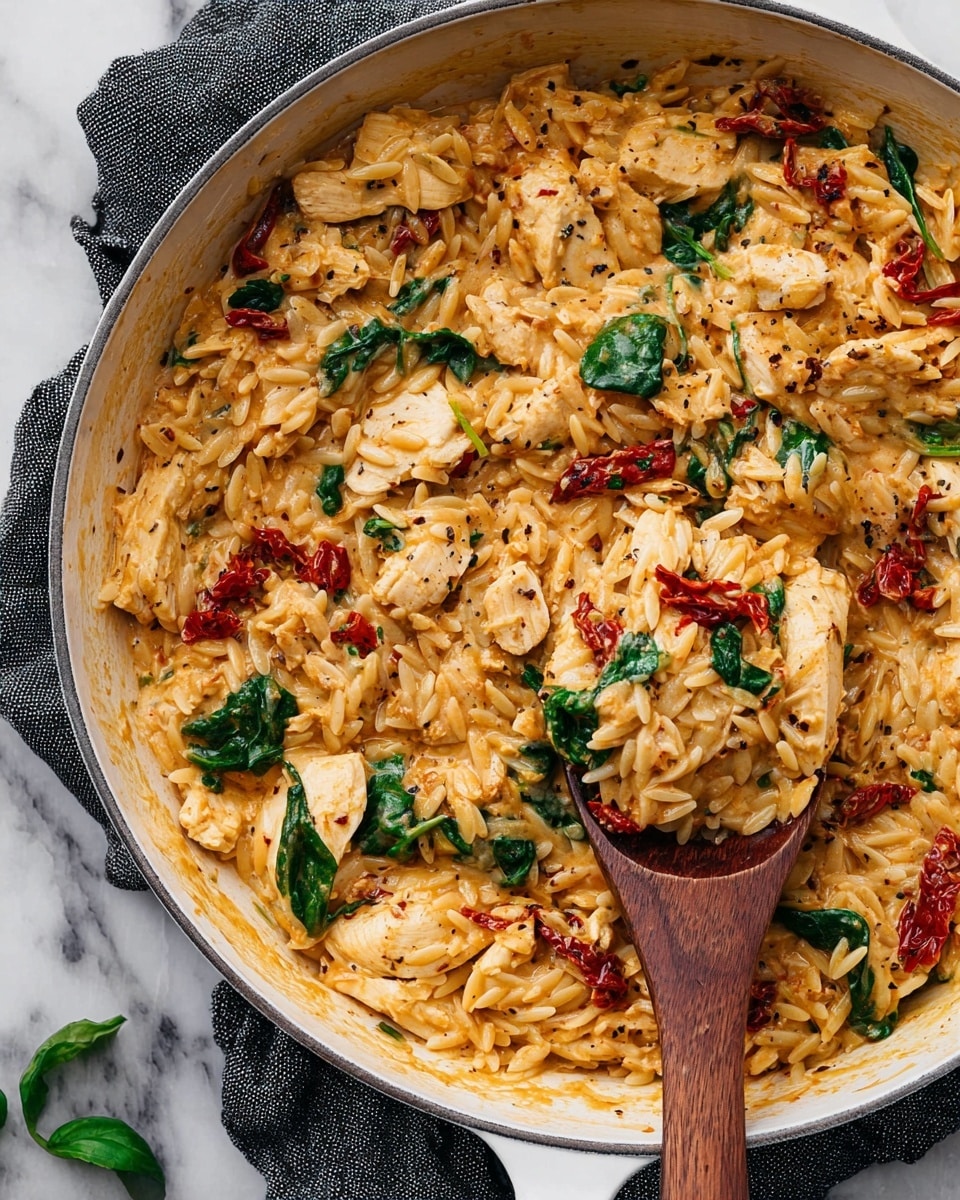 A close-up view of creamy orzo pasta mixed with cooked chicken pieces, sun-dried tomatoes, and fresh spinach leaves, all coated in a light orange creamy sauce. The orzo is small and rice-shaped, pale and soft, while the chicken chunks are tender and white, scattered evenly. The sun-dried tomatoes add red patches with a slightly wrinkled texture, and the spinach leaves show deep green, fresh color. The dish is served in a white bowl with a brown rim, with a gold fork resting inside on the right side partially buried in the pasta. The plate sits on a white marbled surface with a dark green cloth and a basil leaf nearby. Photo taken with an iphone --ar 4:5 --v 7