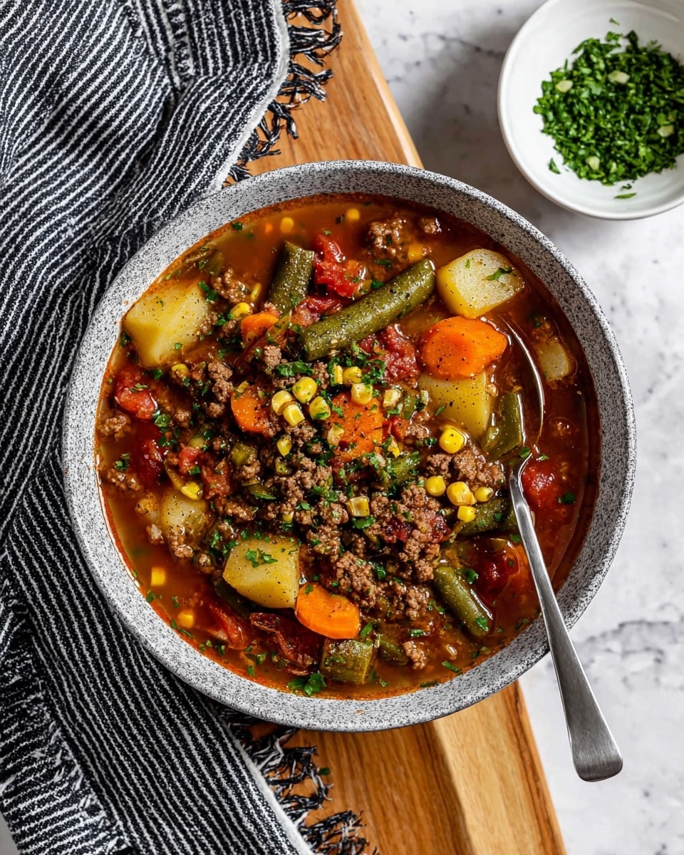 A close-up view of a large pot filled with thick vegetable soup, showing many ingredients including green beans, orange carrot slices, yellow corn kernels, light beige potato chunks, red tomato pieces, white beans, and brown ground meat, all in a reddish-brown broth. A metal ladle lifts a scoop of soup highlighting the mix of colorful ingredients and bits of herbs. The pot is off-white and slightly worn, sitting on a white marbled surface. photo taken with an iphone --ar 4:5 --v 7