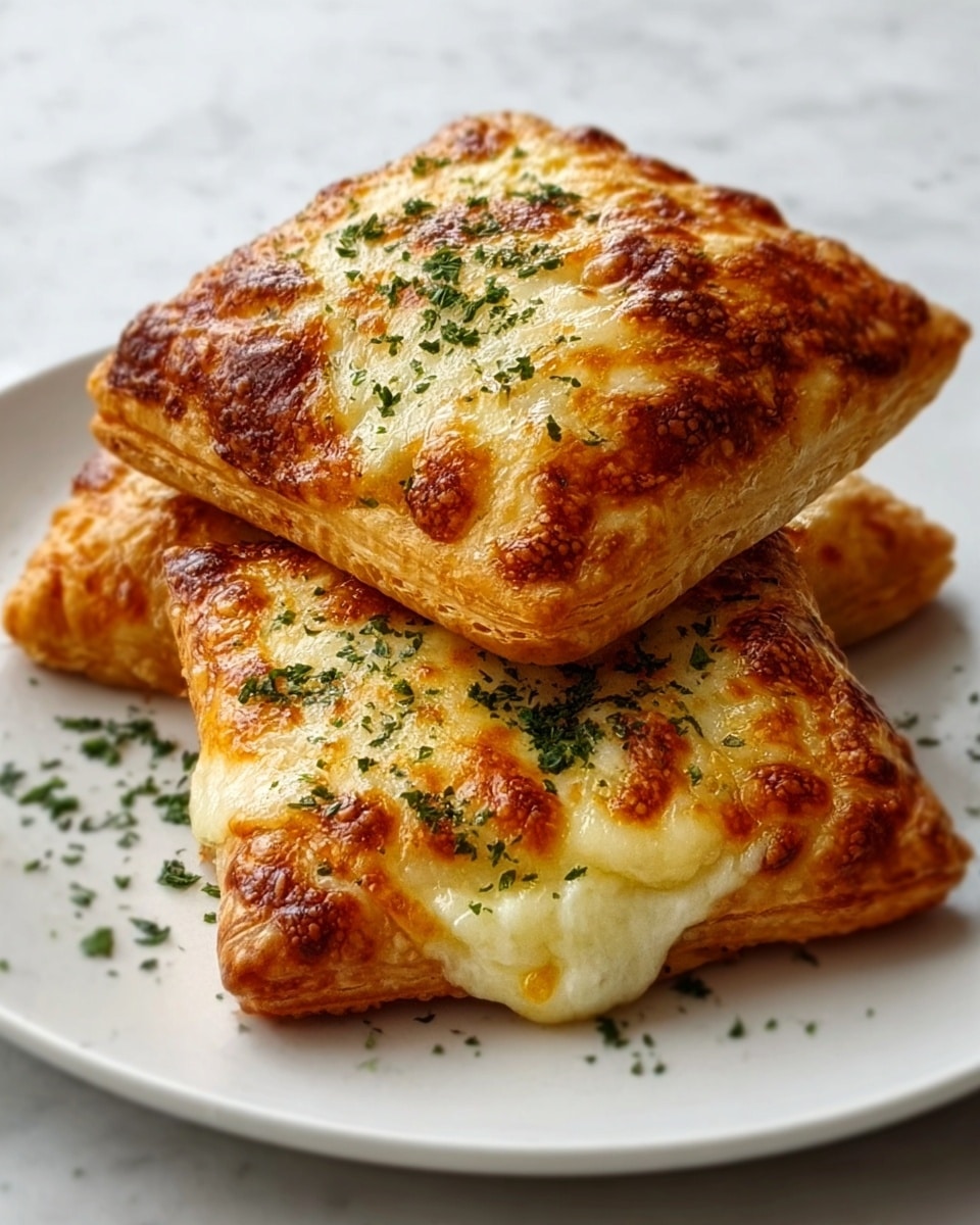 The image shows three golden-brown, square-shaped baked pastries with a melted cheese topping that is slightly browned and bubbly. The pastries are stacked gently on top of each other on a white plate. The top layer of each pastry has a crispy texture with some green herb sprinkles scattered across the surface. The plate is placed on a white marbled surface, creating a clean and bright background. photo taken with an iphone --ar 4:5 --v 7