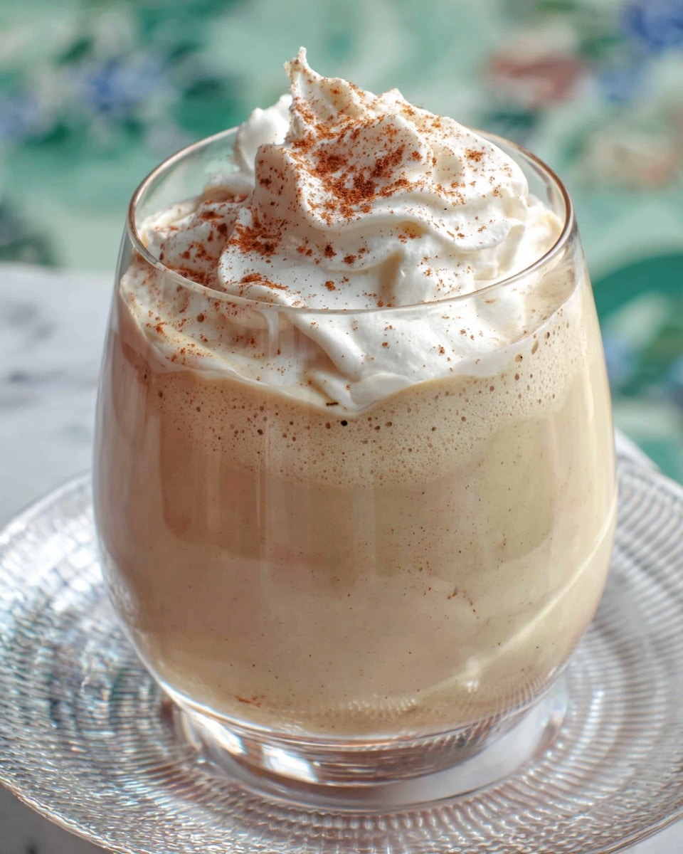 A clear glass filled with a creamy, light beige drink showing some specks, topped with a thick swirl of white whipped cream sprinkled with fine brown powder, all placed on a clear textured glass plate against a white marbled texture surface with a faint colorful pattern blurred in the background. photo taken with an iphone --ar 4:5 --v 7