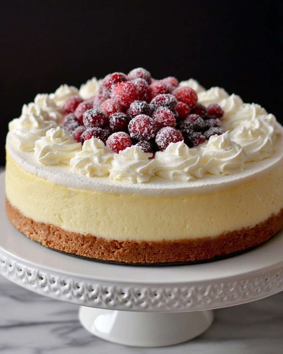 A multi-layered cheesecake sits on an ornate white cake stand with a white marbled texture below. The bottom layer is a light brown crumbly crust. Above it is a creamy, pale yellow cheesecake layer that looks smooth and dense. On top of this is a thick layer of white whipped cream, spread evenly around the cake. Around the edge of the top layer, there are piped swirls of whipped cream, creating a decorative border. Inside the border, there is a pile of red and dark red sugared berries that have a frosted texture, adding a bright contrast to the cream. The background is plain black, making the cake stand out. Photo taken with an iphone --ar 4:5 --v 7