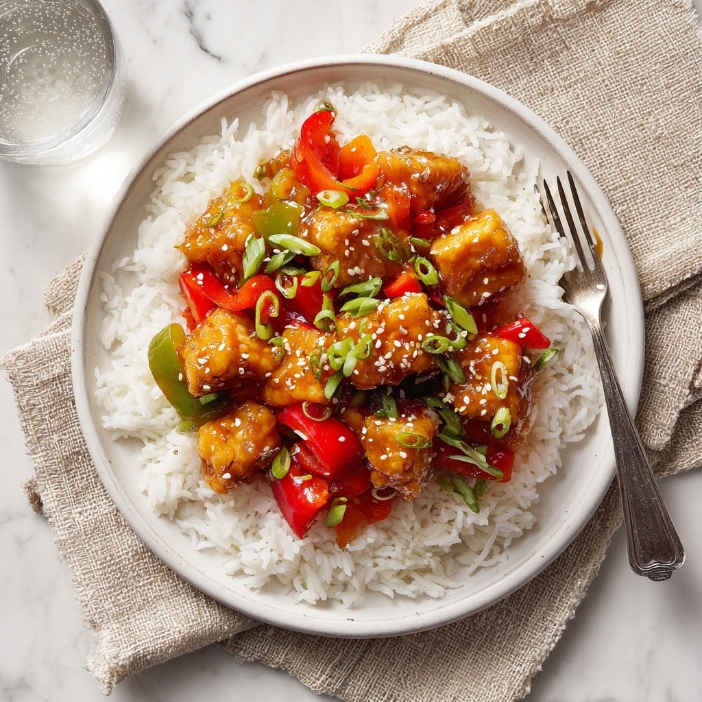 A white plate holds a bed of fluffy white rice covering the base. On top, there are glossy, golden-brown tofu cubes mixed with red and green bell pepper pieces. The tofu and peppers are coated in a shiny sauce and sprinkled evenly with green chopped scallions and small white sesame seeds. The plate is set on a beige woven cloth, placed on a white marbled surface with a glass of water and a silver fork beside it. Photo taken with an iphone --ar 4:5 --v 7