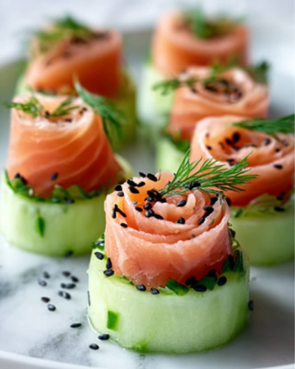 The image shows several small round stacks of food arranged neatly on a white plate, placed on a white marbled surface. Each stack has three layers: the bottom layer is pale green cucumber slices with visible seeds and a fresh, slightly wet texture; the middle layer is thick, creamy white spread evenly on top of the cucumber; the top layer is thin, smooth, and orange-pink slices of salmon folded like roses with a delicate shine. Each salmon rose is garnished with small black sesame seeds and a sprig of green dill on top. The photo taken with an iphone --ar 4:5 --v 7