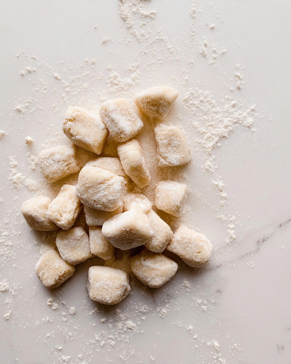 A white bowl filled with golden brown gnocchi as the base layer, each piece plump and soft in texture, lightly coated in a thin layer of sauce. On top, there is a layer of bright red tomato sauce scattered unevenly, adding a rich color contrast. Sprinkled over the sauce is a generous amount of finely grated white cheese that adds a powdery texture. Small green chopped herbs are spread lightly over the cheese, adding fresh color touches. There is also a couple of fresh green basil leaves placed on one side for decoration. In the bowl rests a dark metal spoon partially buried in the gnocchi, all set on a white marbled surface. Photo taken with an iphone --ar 4:5 --v 7