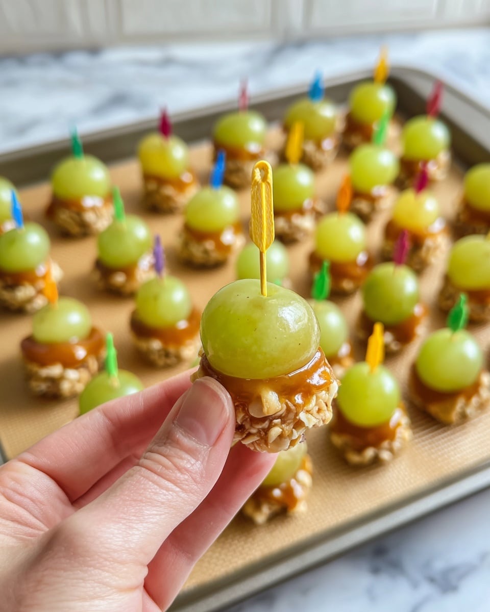 A close-up of a woman's hand holding a small snack with three layers: the bottom layer is crushed nuts with a rough texture and light tan color, the middle layer is smooth, glossy caramel in a warm amber shade, and the top layer is a shiny, green grape with a translucent look showing a fresh juicy inside; this snack is pierced with a yellow toothpick. In the background, a baking tray covered with a beige silicone mat holds many similar snacks arranged in rows, each with a colored toothpick, all placed on a white marbled surface. Photo taken with an iphone --ar 4:5 --v 7