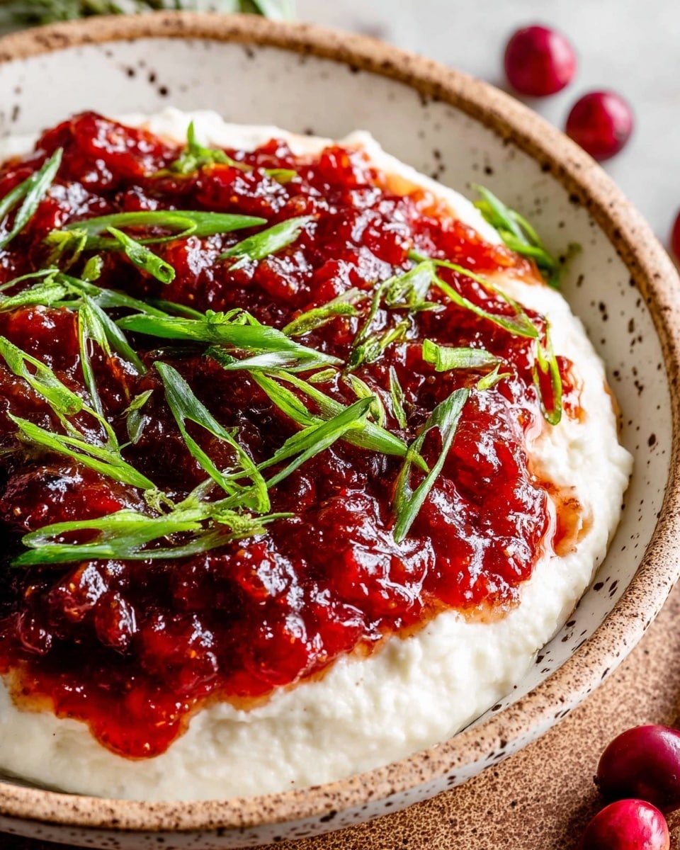 A close-up image of a dish with two main layers served on a white plate with a speckled design; the bottom layer is creamy white with a smooth and slightly whipped texture, spread evenly across the plate's surface. On top of this is a thick, bright red chunky sauce layer that covers most of the cream beneath, with a shiny and slightly glossy look. Scattered over the red sauce are fresh, sliced green scallions, adding a vibrant contrast with their crisp texture and bright green color. The dish sits on a white marbled textured surface with a few whole cranberries visible near the plate's edge. Photo taken with an iphone --ar 4:5 --v 7