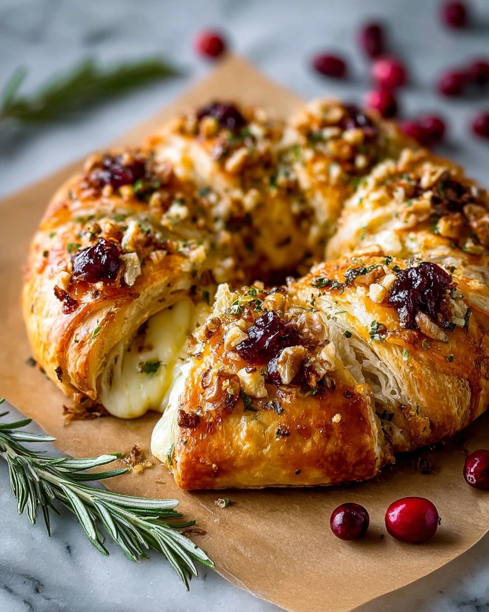 A round pastry ring with a shiny golden brown crust, divided into multiple thick segments, filled with melted white cheese stretching out from a pulled piece in the front. Each segment is topped with dollops of deep red cranberry sauce and sprinkled with green herbs and crumbly nuts. Fresh rosemary sprigs are placed on top, adding green contrast. The pastry sits on brown parchment paper over a white marbled textured surface, with scattered fresh cranberries around it. photo taken with an iphone --ar 4:5 --v 7