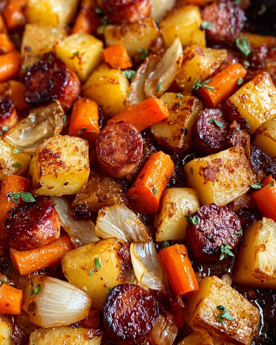 The image shows a close-up of a baked dish made of cut roasted potatoes, sliced carrots, and pieces of browned sausage. The potatoes are in small wedges with a golden color and soft texture. The carrots are sliced into thin rounds, showing a bright orange color. The sausage pieces are dark brown and glossy, mixed evenly with the vegetables. There are some scattered green herbs on top, adding a touch of color. The whole dish has a warm, earthy tone with a slight shine from the cooking oil. The background is a white marbled texture. photo taken with an iphone --ar 4:5 --v 7