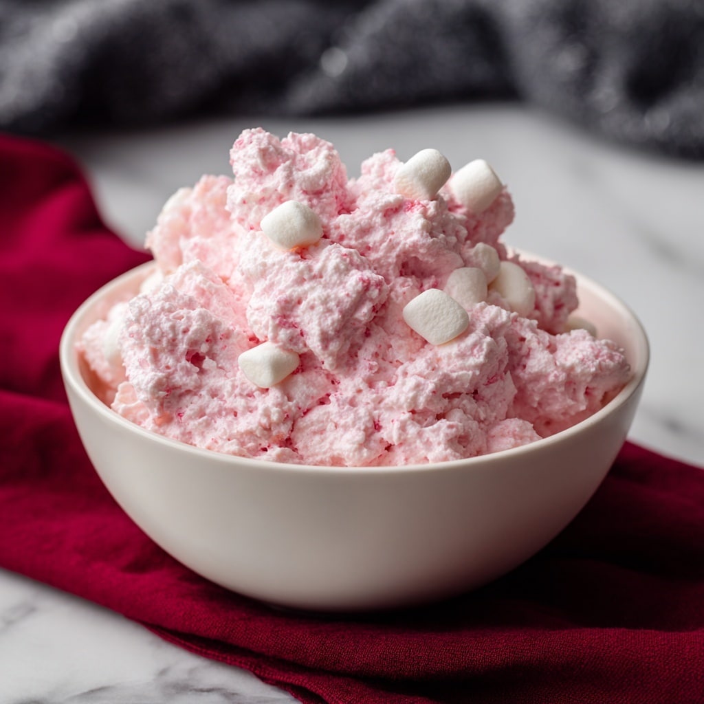 The image shows a white bowl filled with a fluffy, pink dessert made with small, soft marshmallows and a creamy mixture. The dessert has a light, airy texture with clusters of the pink marshmallows throughout, making the surface look uneven and bumpy. The bowl is placed on a white marbled surface with a deep red cloth partially underneath it, adding a touch of color contrast. The background includes some blurred dark gray and black fabric. Photo taken with an iphone --ar 4:5 --v 7