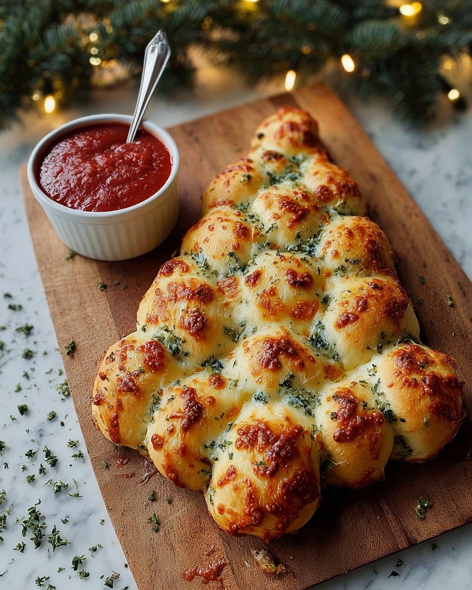 The image shows a Christmas tree-shaped pull-apart bread with multiple round, golden-brown baked dough pieces layered closely together to form the shape. The dough has flecks of green herbs throughout, with a lightly crispy and shiny cheese topping on each piece, giving a textured appearance. To the left of the bread, there is a small white bowl filled with chunky red marinara sauce. The setup is on a wooden board with pine tree branches and small warm white fairy lights near the top. The surface is a white marbled texture. photo taken with an iphone --ar 4:5 --v 7