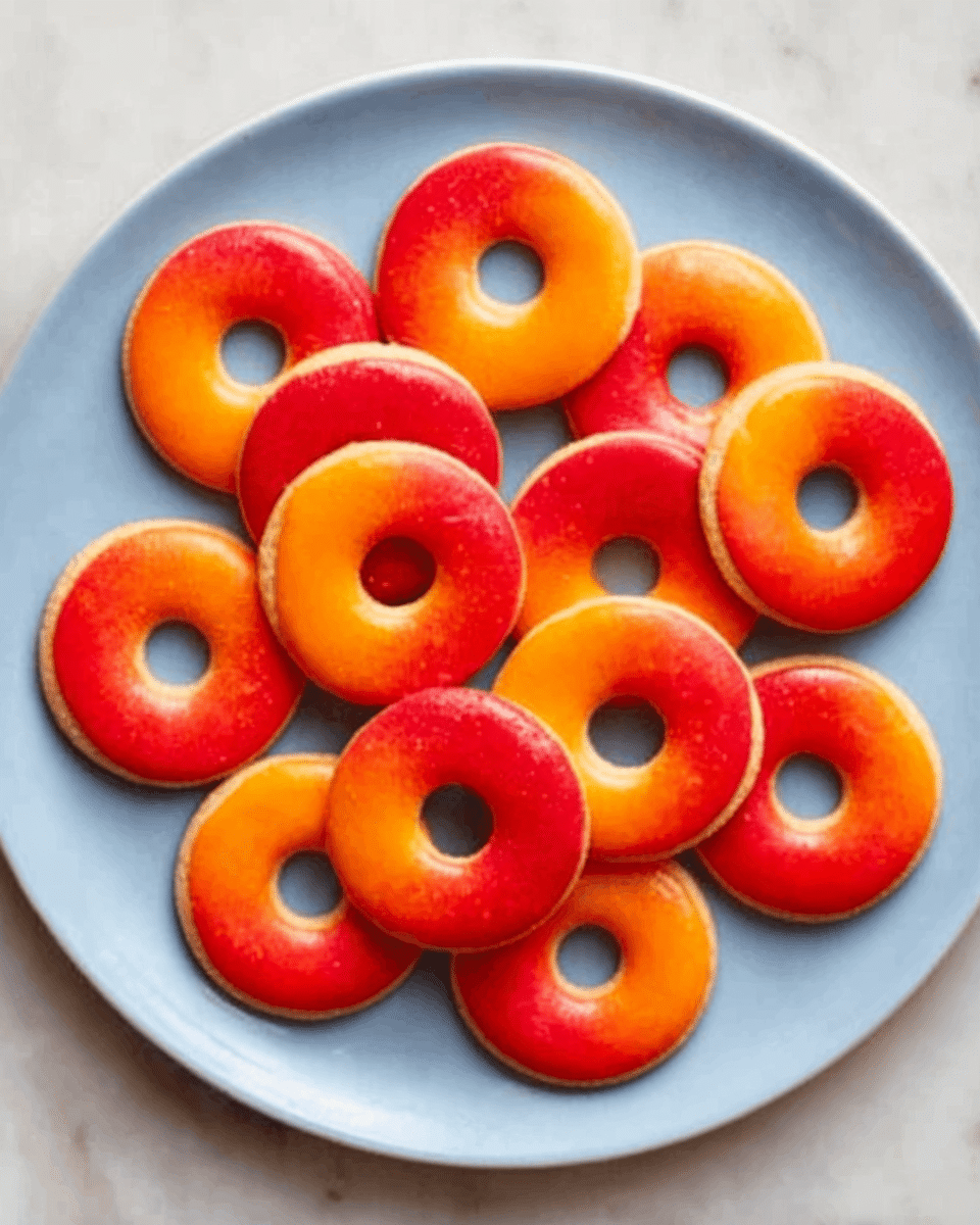 A blue plate holds fifteen round candies, each shaped like a small donut with a hole in the middle. The candies have a smooth, glossy surface with a bright orange color that fades into red on one side. They are all evenly spaced and neatly arranged, covering the entire plate. The plate sits on a white marbled textured surface. photo taken with an iphone --ar 4:5 --v 7
