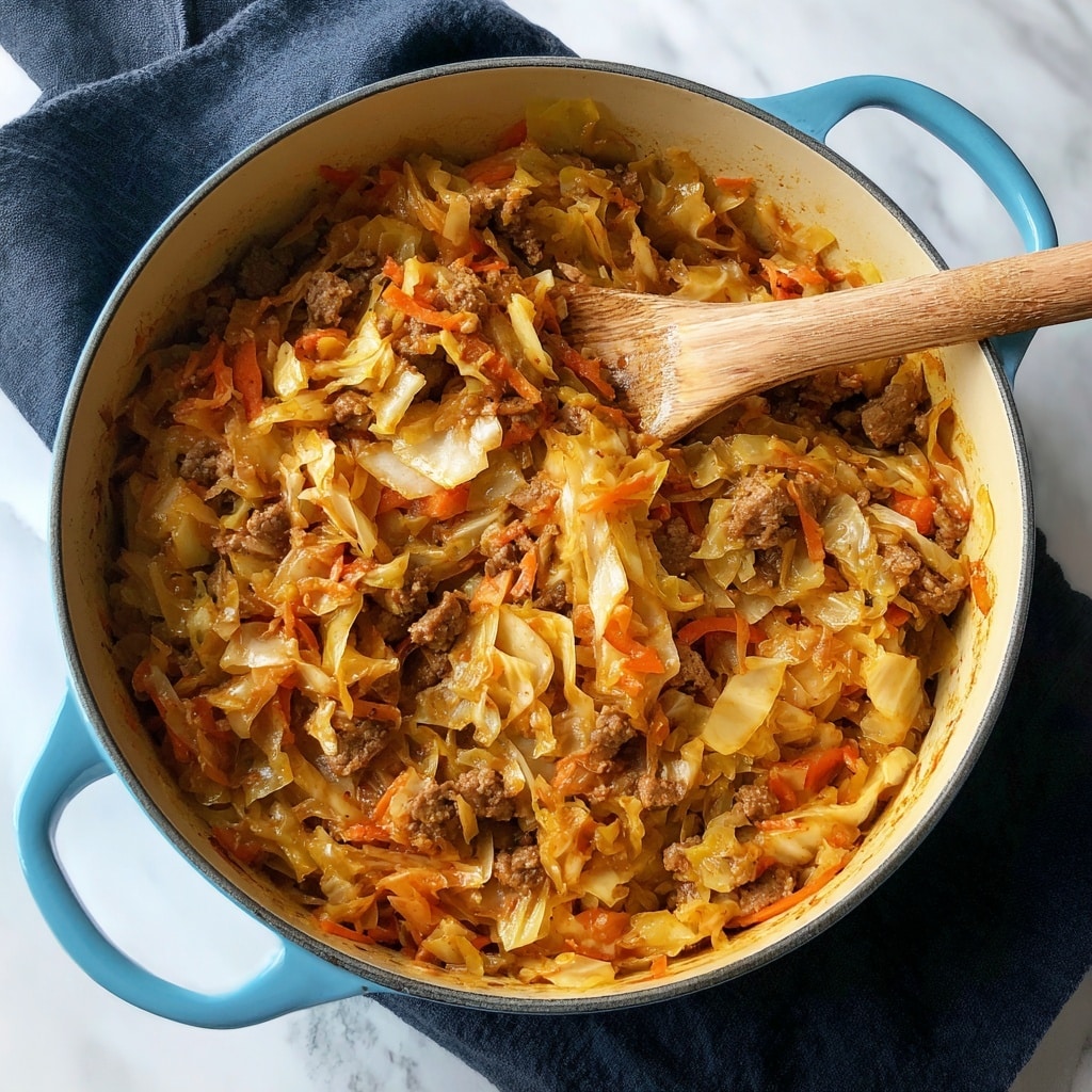 The image shows a close-up of a cooked dish mixed in a white pot, with visible layers of shredded orange and pale yellow cooked cabbage and orange carrots mixed evenly throughout. Scattered chunks of browned, tender beef pieces are mixed into the vegetables. A single dark green bay leaf sits on top, adding texture and depth. A wooden spoon with a rounded edge is partially inserted into the mixture, showing the softness and moistness of the dish. The entire scene is set against a white marbled surface. photo taken with an iphone --ar 4:5 --v 7