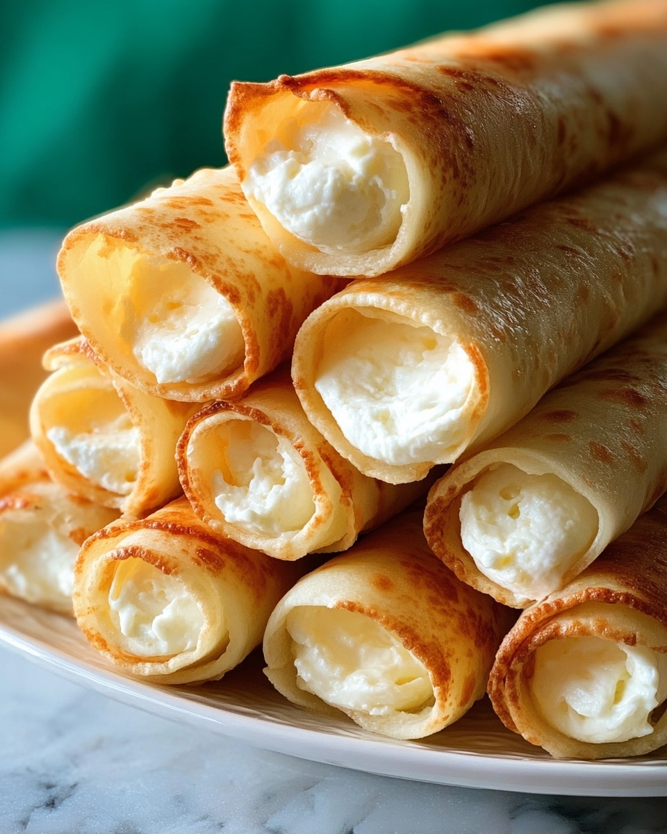 A plate holds a stack of about twelve rolled crepes, each filled with white creamy cheese seen at the ends. The crepes have a smooth, light beige color with golden brown grill marks running lengthwise. They are neatly piled in a pyramid shape on a white plate, with a few green onion slices scattered around the base for color. In the background, a white bowl contains a red dipping sauce with a thick texture, and a woman's hand holding a crepe dipped in the sauce is visible at the top right. The scene is set on a white marbled surface. photo taken with an iphone --ar 4:5 --v 7