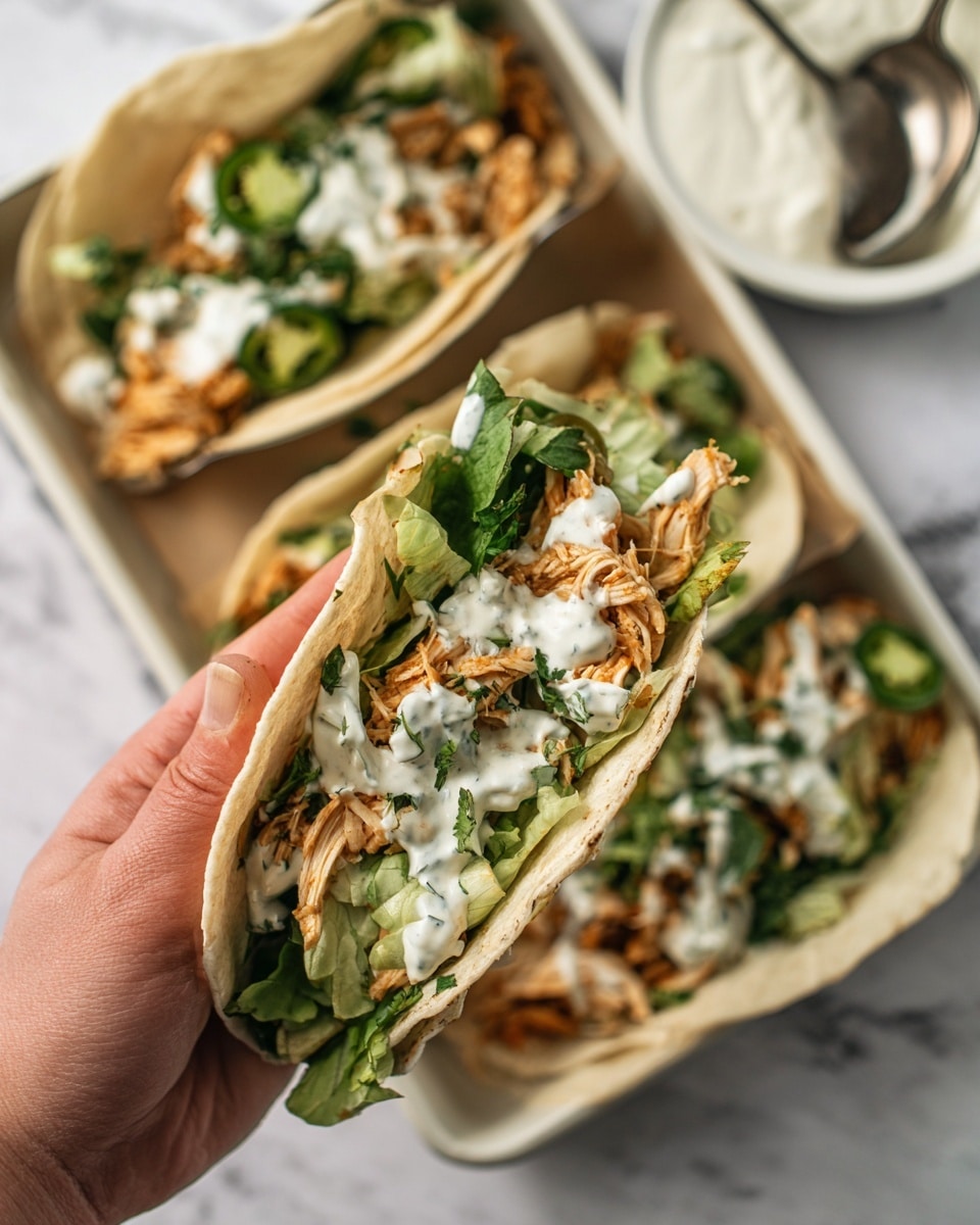 The image shows three open soft tacos on a white plate set on a white marbled texture. Each taco has a light tan tortilla base with small dark toasted spots. On top of the tortillas, there are green leafy lettuce and slices of avocado placed at the bottom layer. The middle layer consists of shredded cooked chicken with a light brown color and some grilled marks. The chicken is topped with a drizzle of creamy white sauce that has green herb flecks. The tacos are close together, filling the plate but not overlapping entirely. Photo taken with an iphone --ar 4:5 --v 7