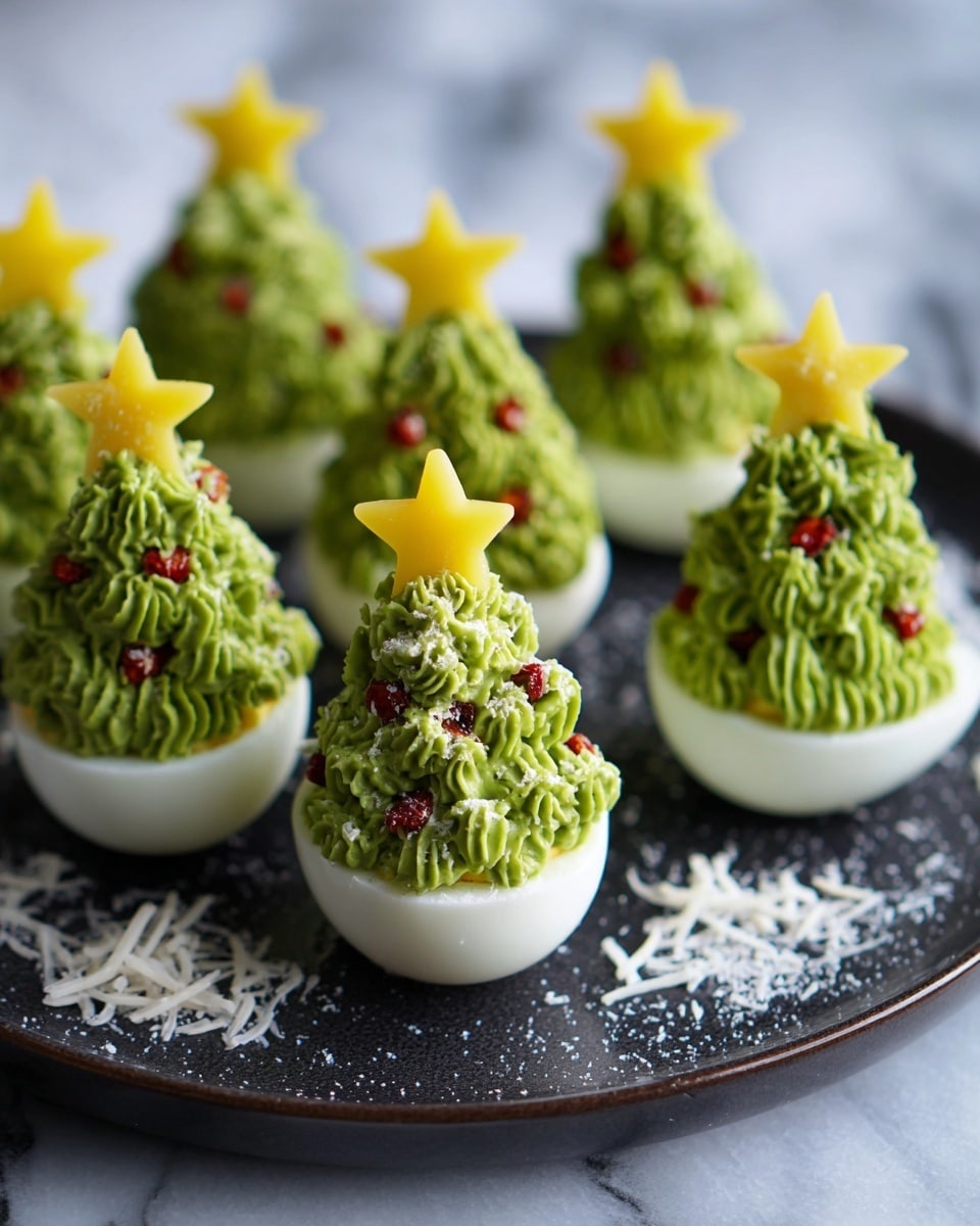 A black round plate holds eight deviled eggs arranged in a loose circle on a white marbled surface. Each deviled egg has a smooth, glossy white egg white half as the base, filled with a tall swirl of bright green creamy mixture piped to form a textured Christmas tree shape. Tiny red pieces resembling ornaments are scattered within the green swirl, and white shreds are sprinkled around them mimicking snow. At the top of each green swirl is a small, bright yellow star cutout, completing the look of a festive Christmas tree. Photo taken with an iphone --ar 4:5 --v 7